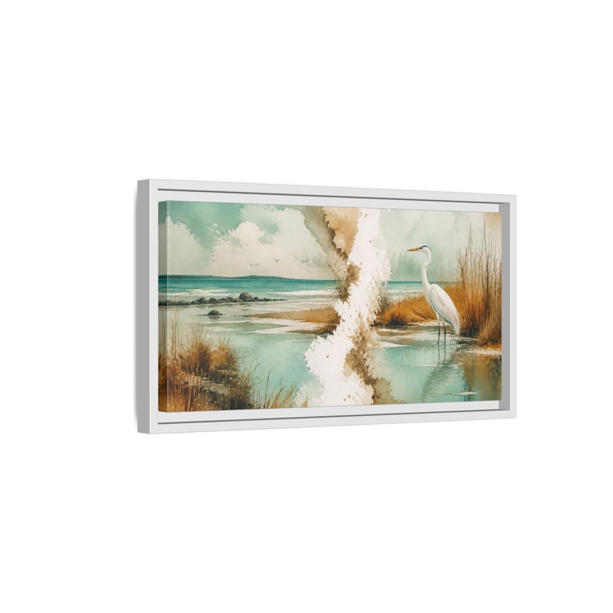 Side Mockup 6. Coastal Heron At Lagoon shown as framed canvas print