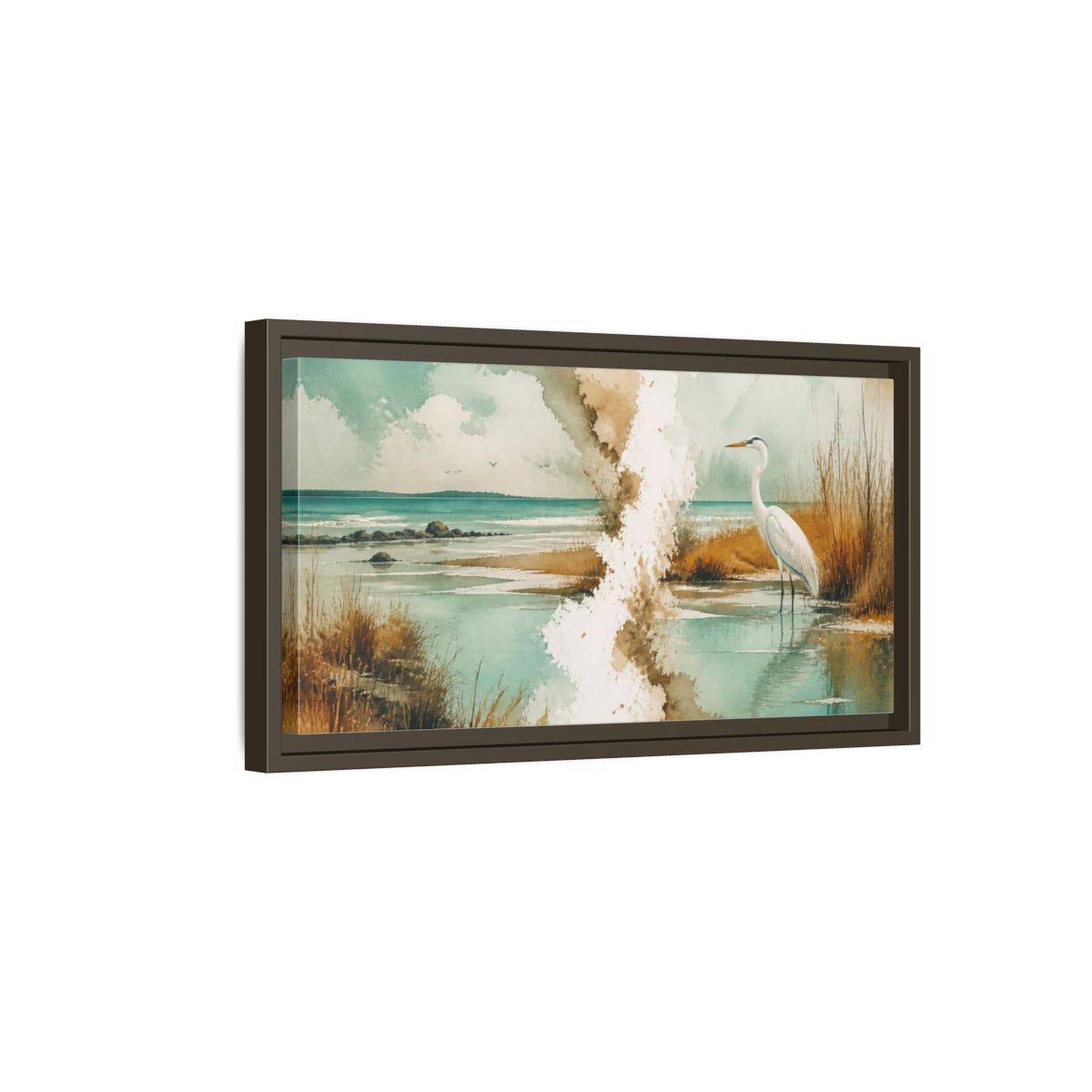 Side Mockup 7. Coastal Heron At Lagoon shown as framed canvas print