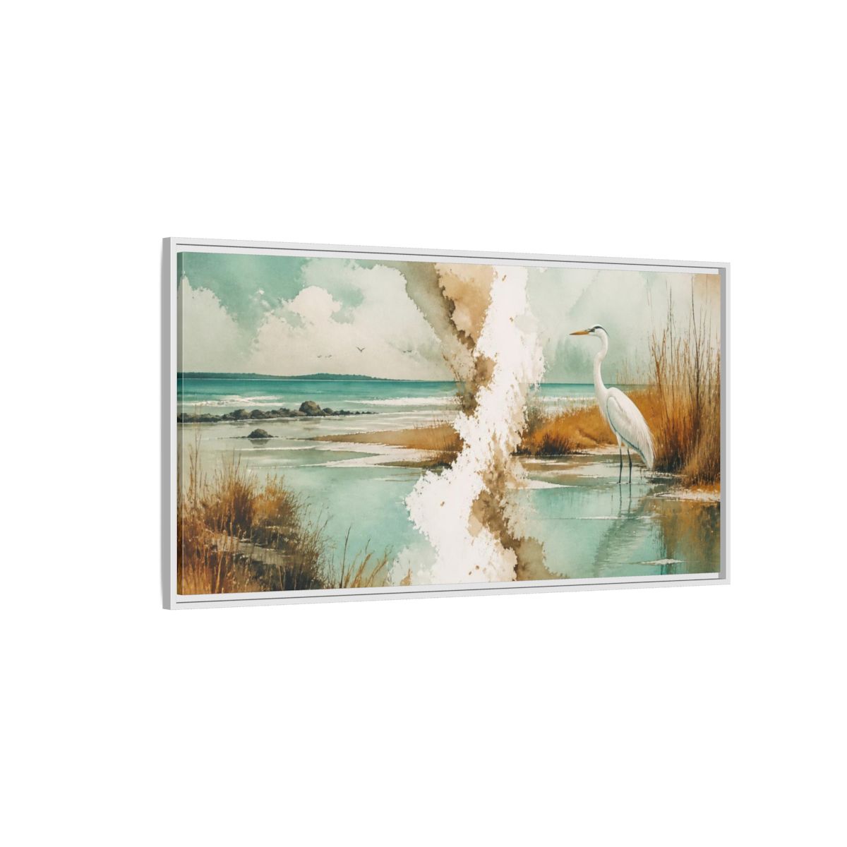 Side Mockup 3. Coastal Heron At Lagoon shown as framed canvas print