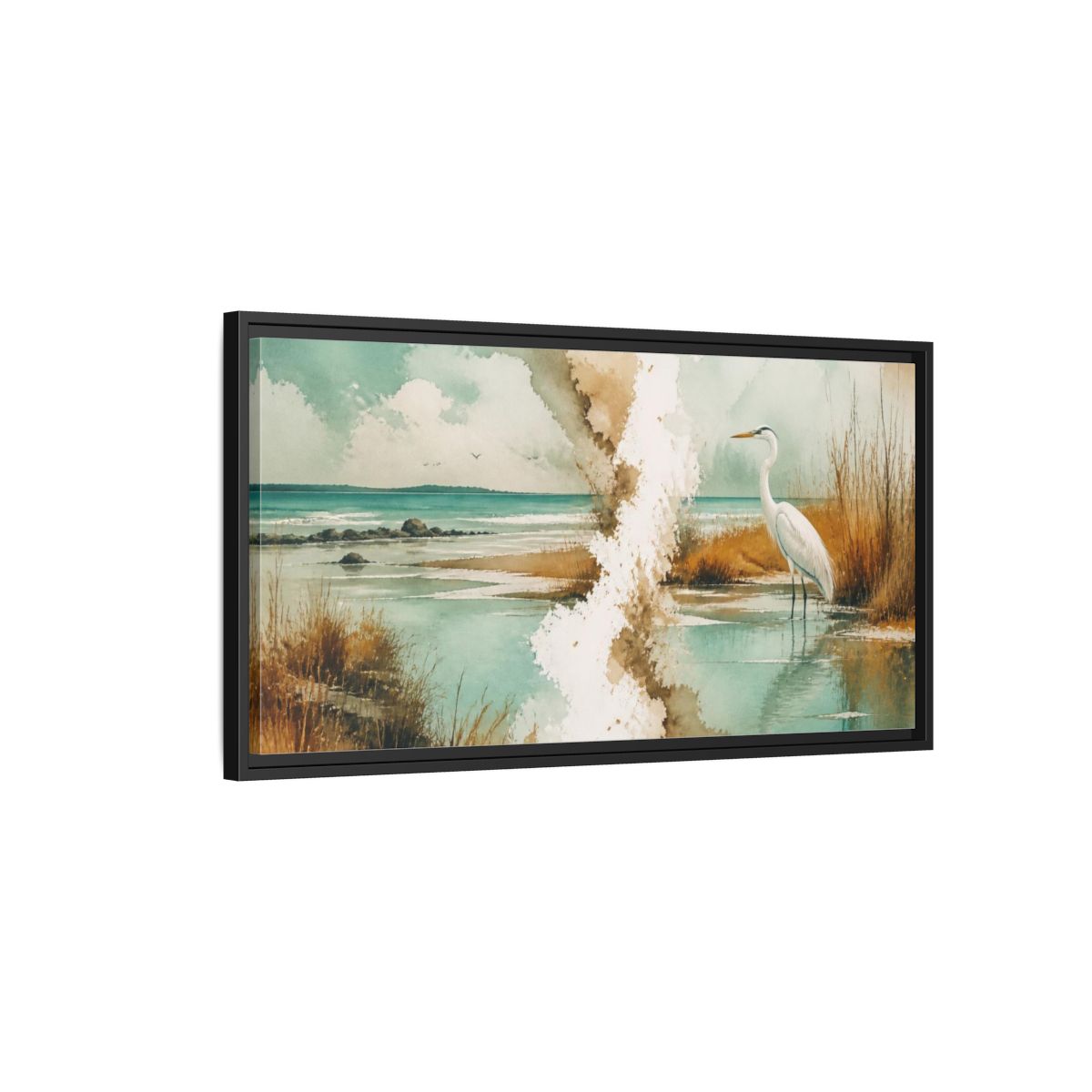 Side Mockup 2. Coastal Heron At Lagoon shown as framed canvas print
