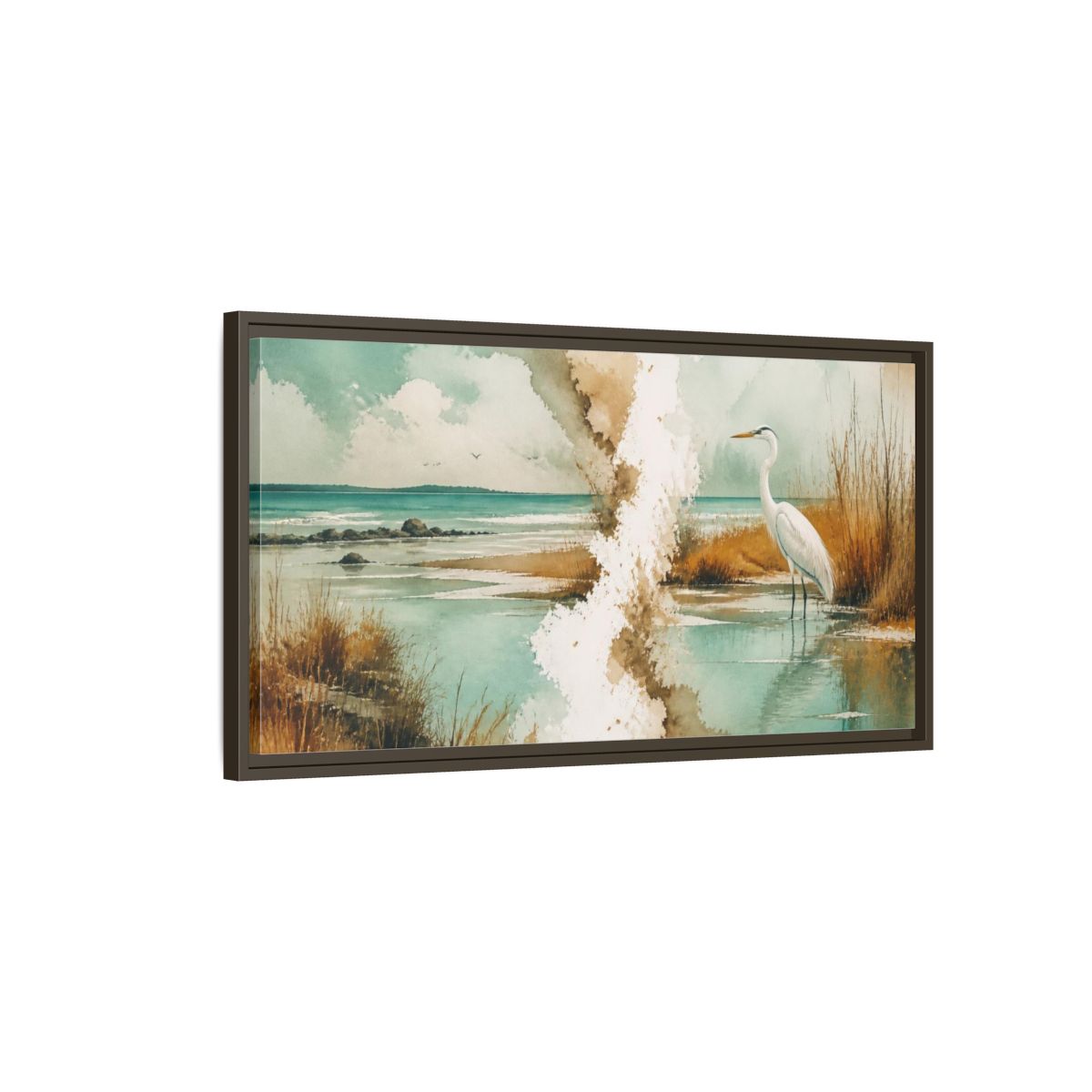 Main Mockup. Coastal Heron At Lagoon shown as framed canvas print