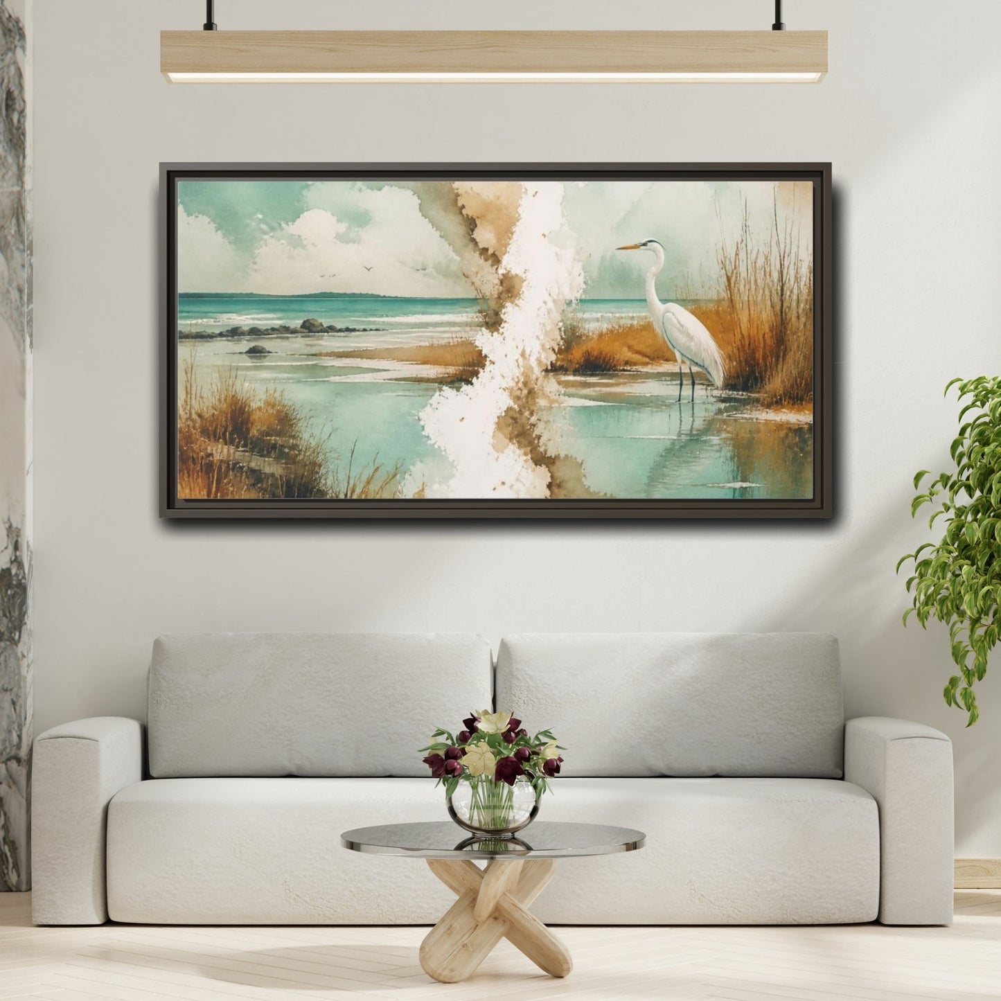Mockup 2. Coastal Heron At Lagoon shown as framed canvas print