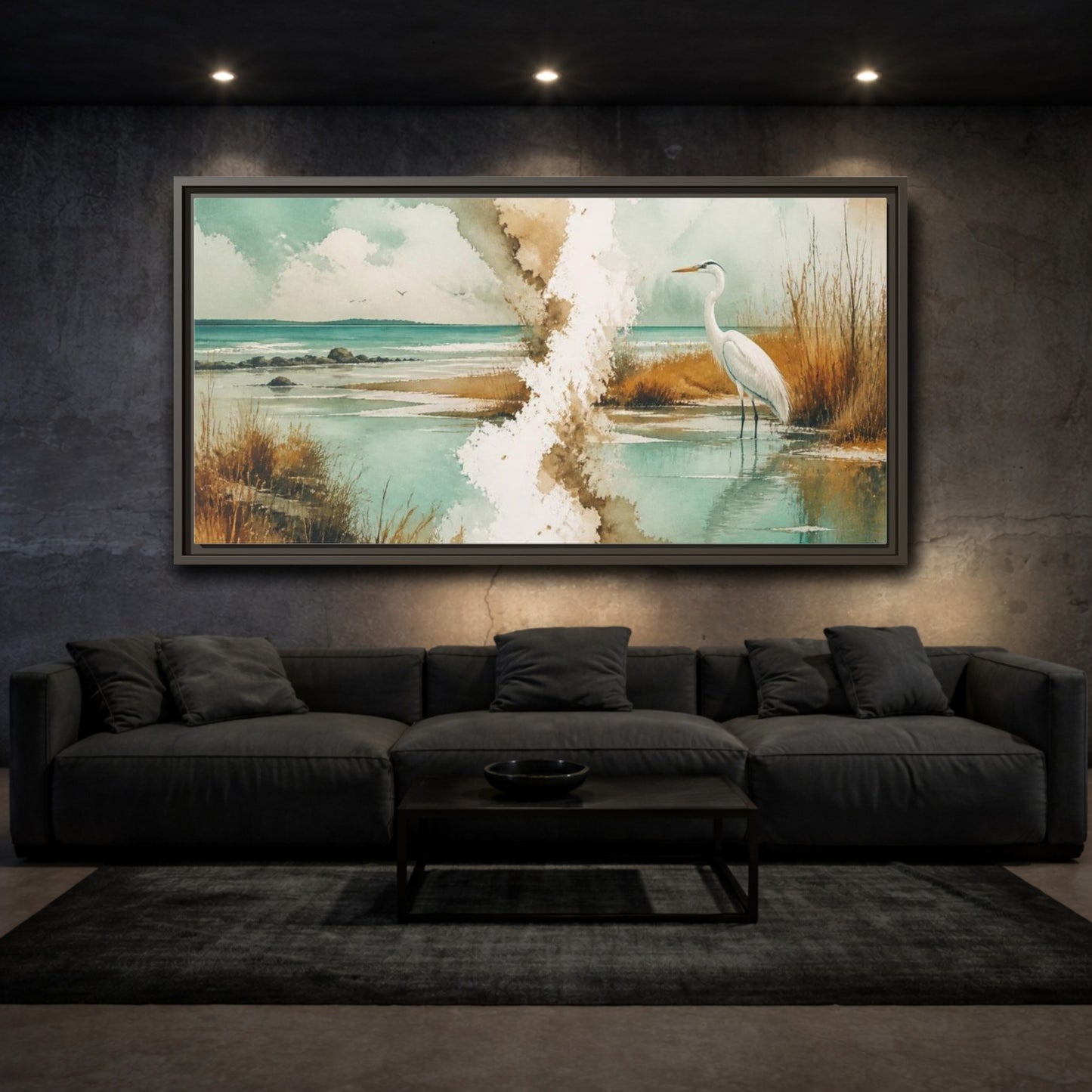 Mockup 3. Coastal Heron At Lagoon shown as framed canvas print