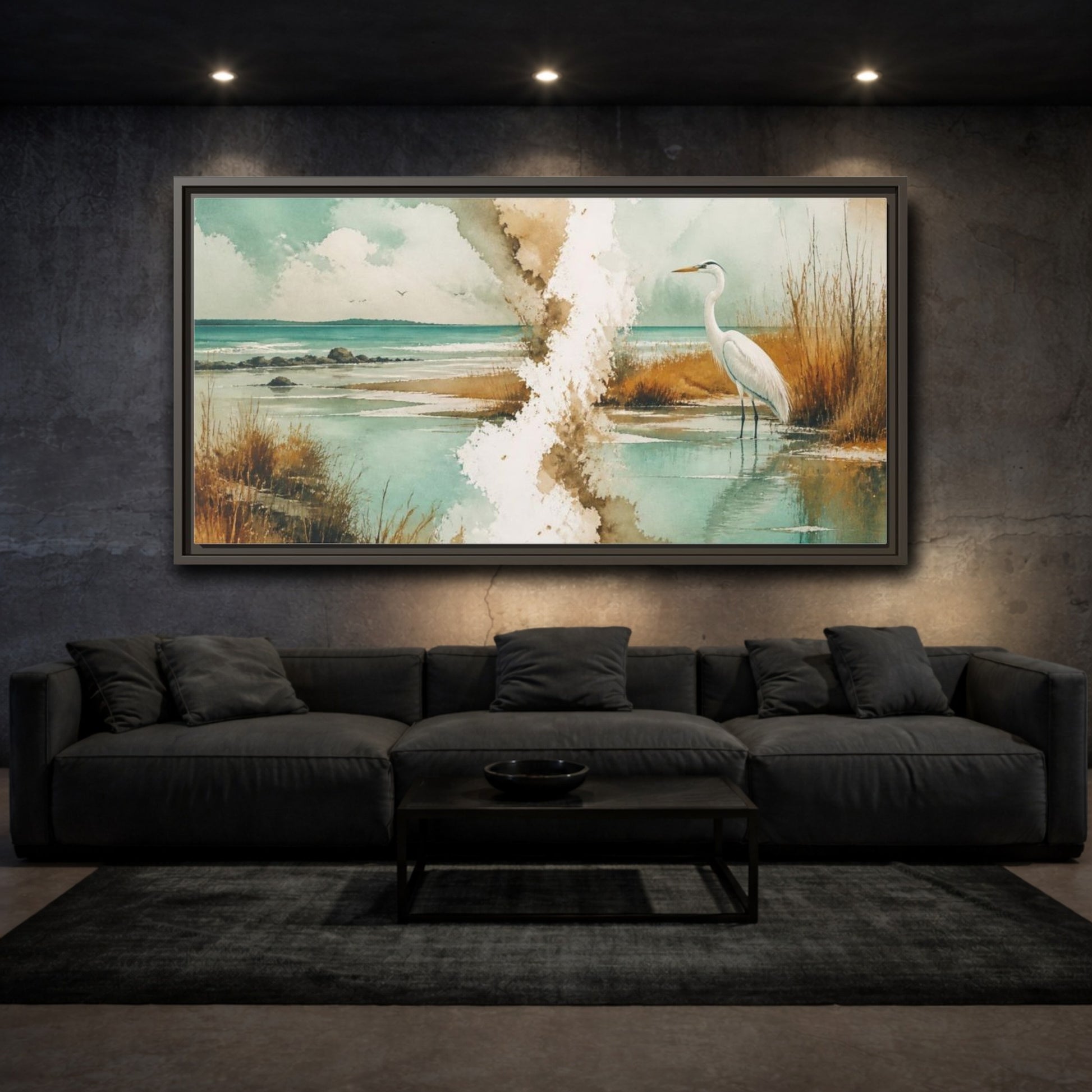 Mockup 3. Coastal Heron At Lagoon shown as framed canvas print