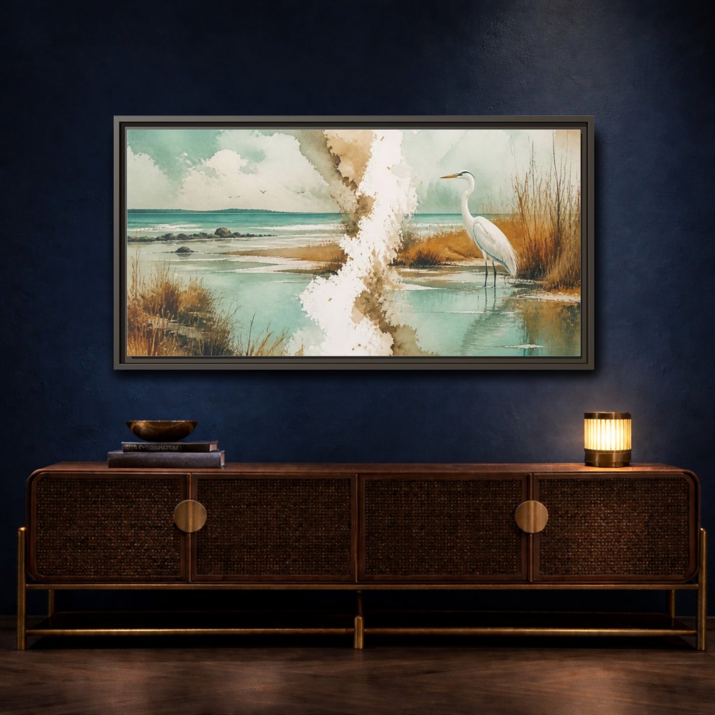 Mockup 4. Coastal Heron At Lagoon shown as framed canvas print