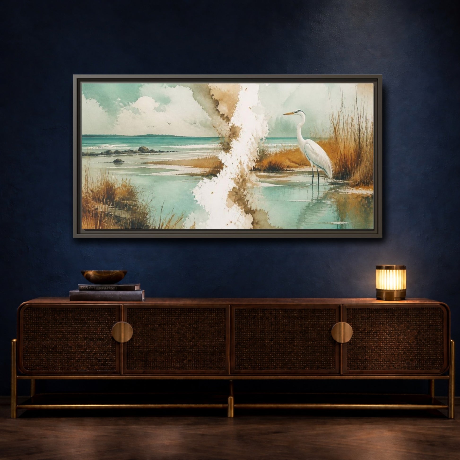 Mockup 4. Coastal Heron At Lagoon shown as framed canvas print