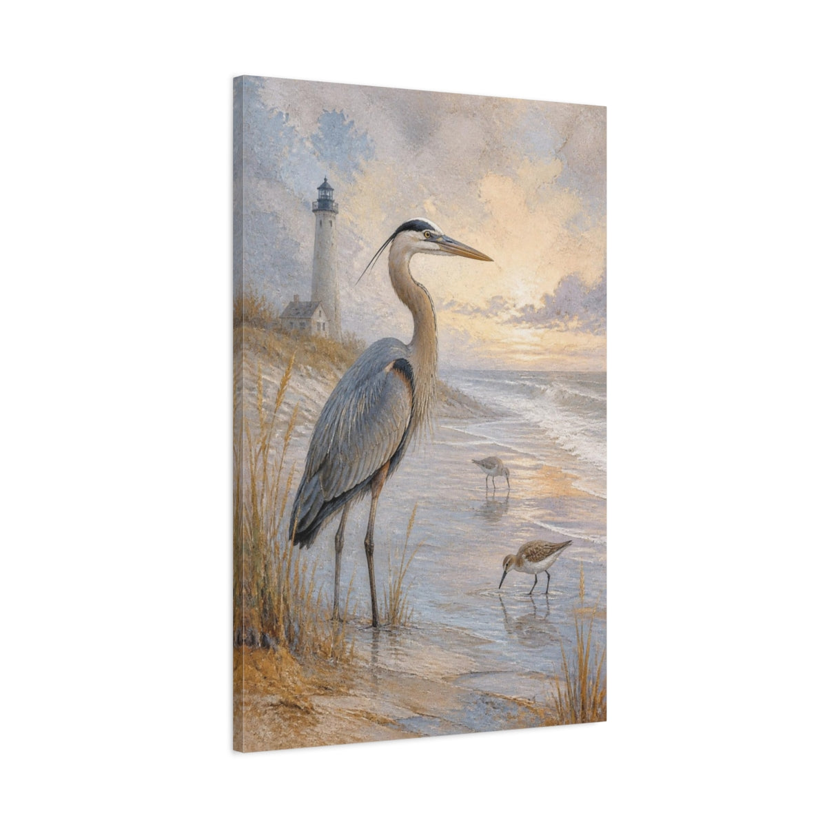 Main Mockup. Coastal Heron At Sunset shown as canvas print
