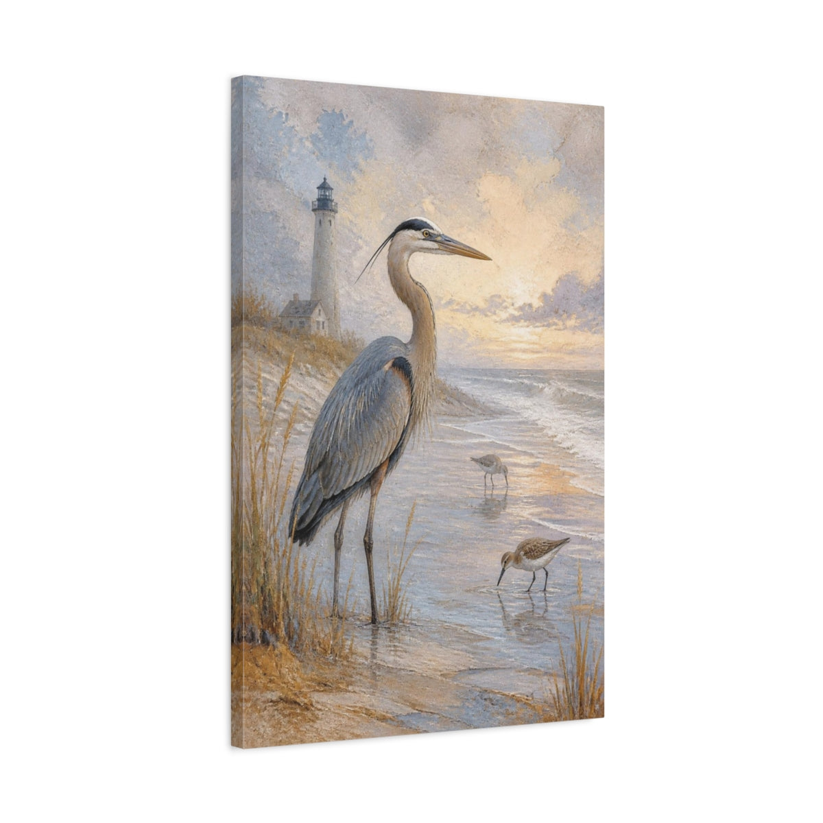 Side Mockup 2. Coastal Heron At Sunset shown as canvas print