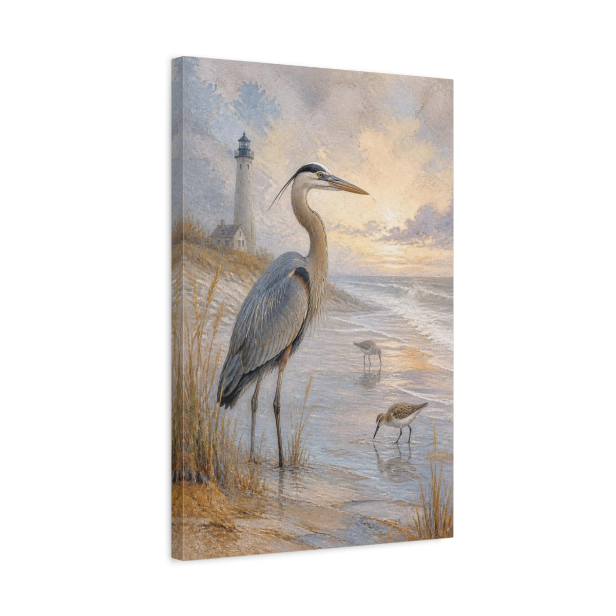 Side Mockup 3. Coastal Heron At Sunset shown as canvas print