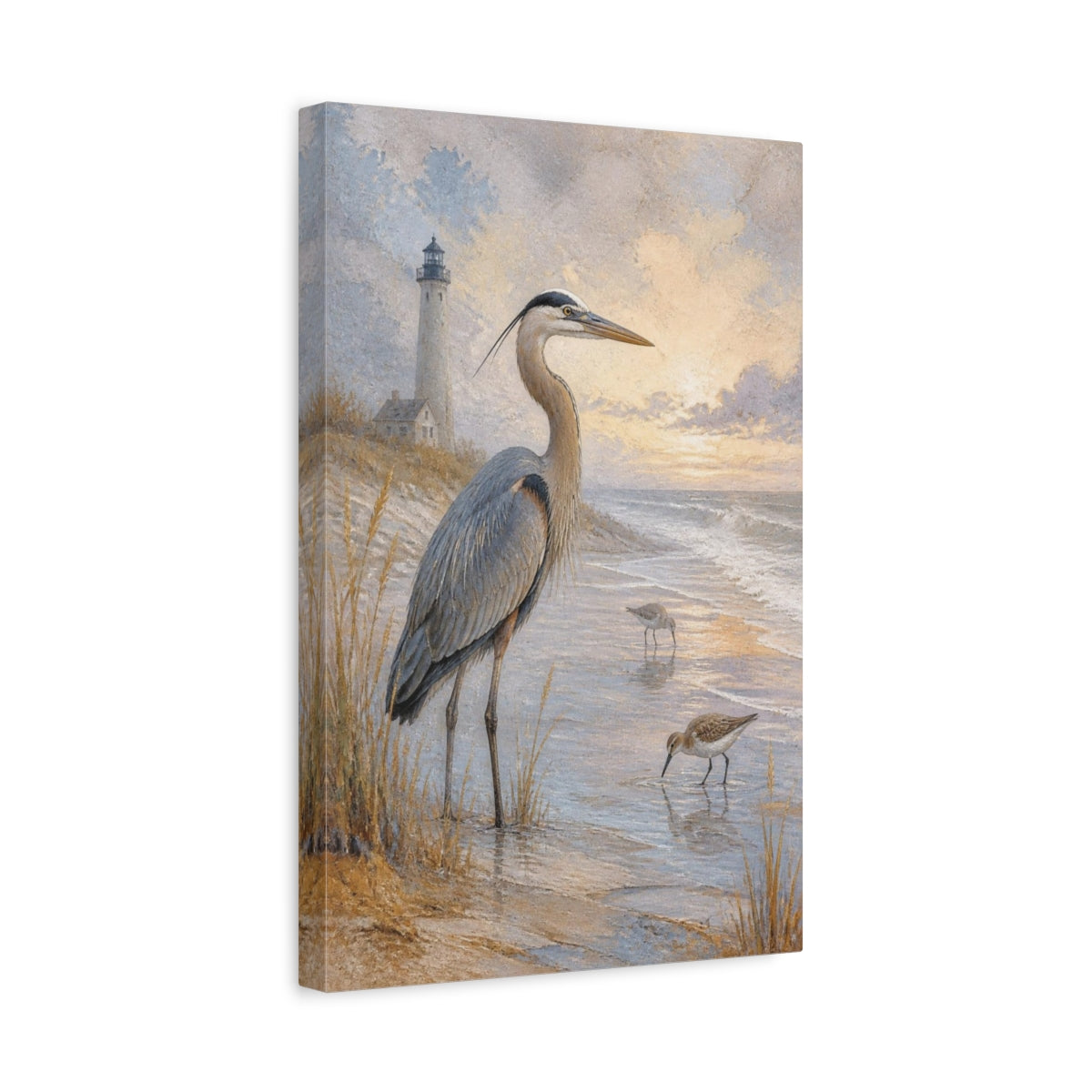 Side Mockup 4. Coastal Heron At Sunset shown as canvas print