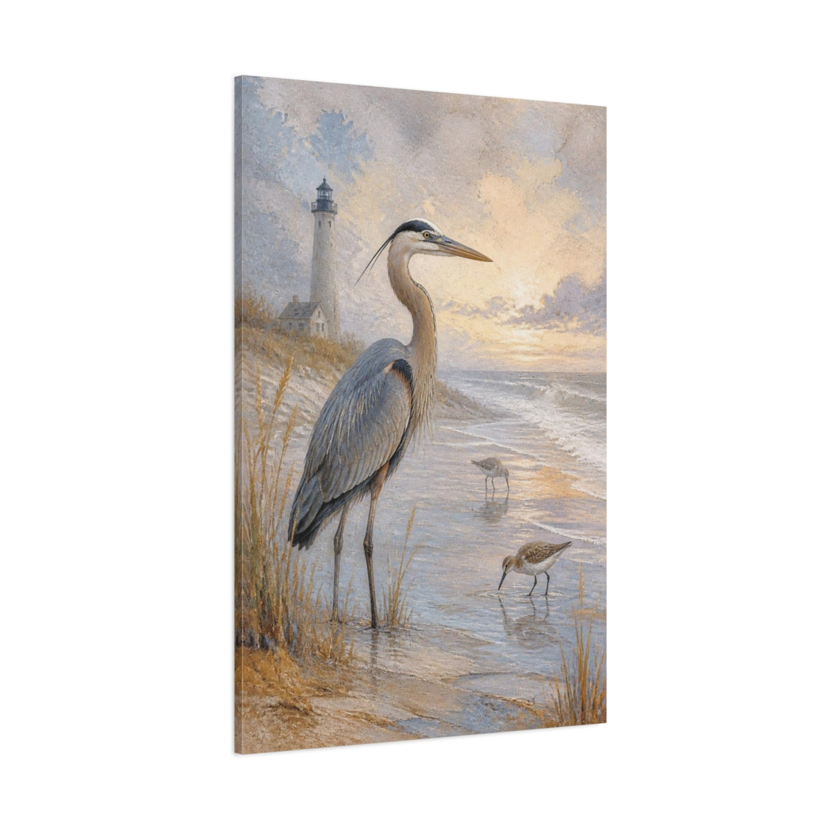 Side Mockup 1. Coastal Heron At Sunset shown as canvas print