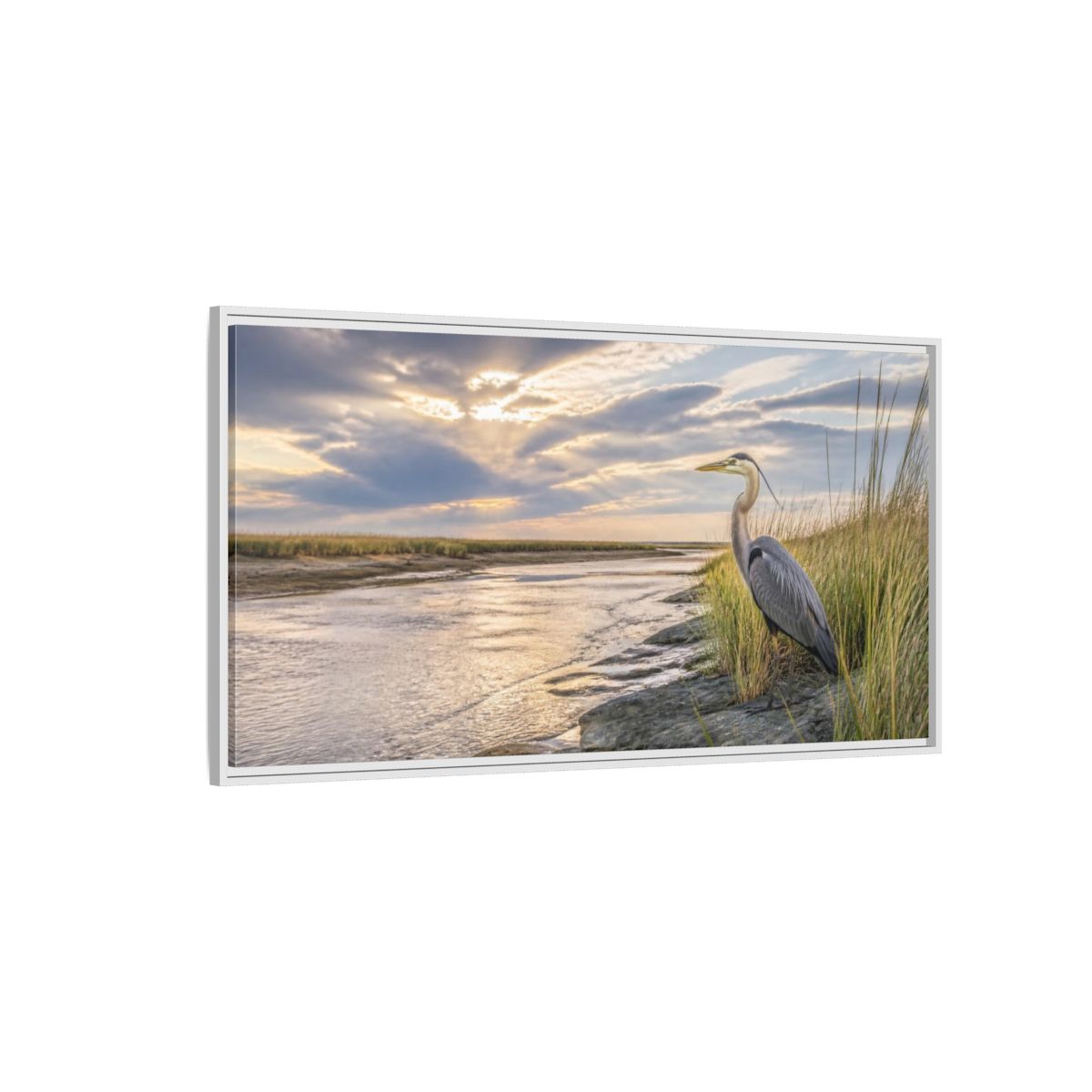 Side Mockup 3. Coastal Heron At Sunset shown as framed canvas print