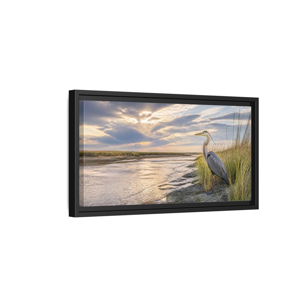 Side Mockup 8. Coastal Heron At Sunset shown as framed canvas print