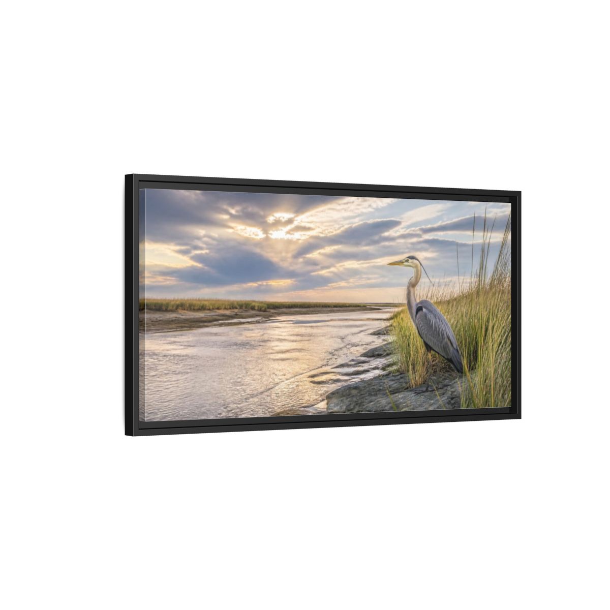 Side Mockup 2. Coastal Heron At Sunset shown as framed canvas print