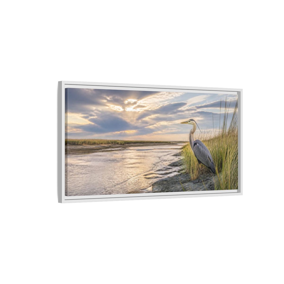 Side Mockup 1. Coastal Heron At Sunset shown as framed canvas print