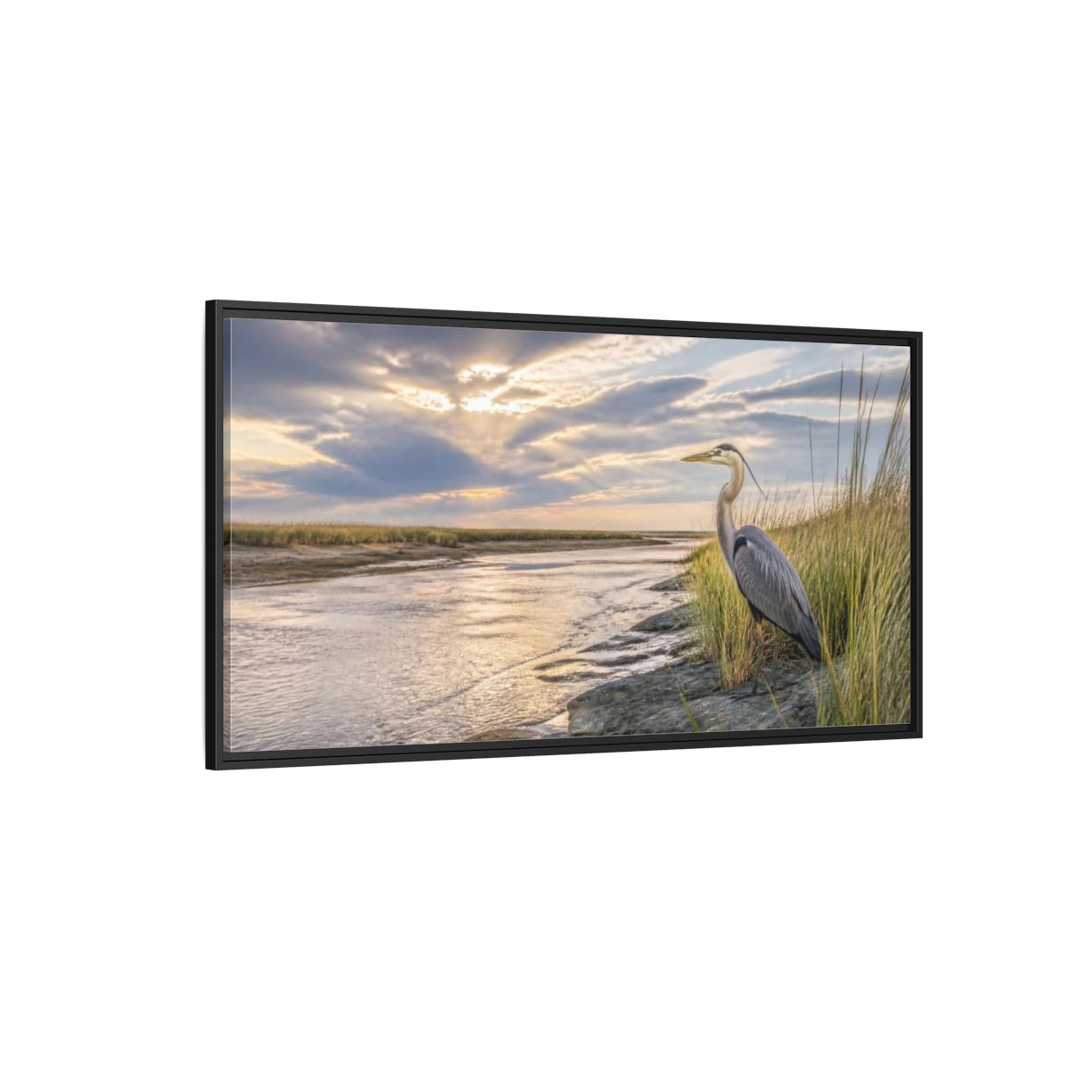 Side Mockup 5. Coastal Heron At Sunset shown as framed canvas print