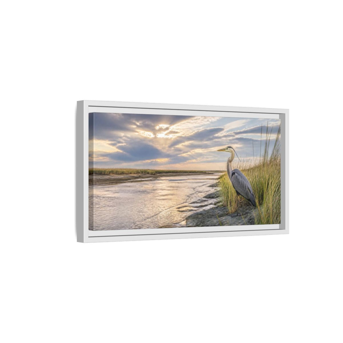 Side Mockup 6. Coastal Heron At Sunset shown as framed canvas print