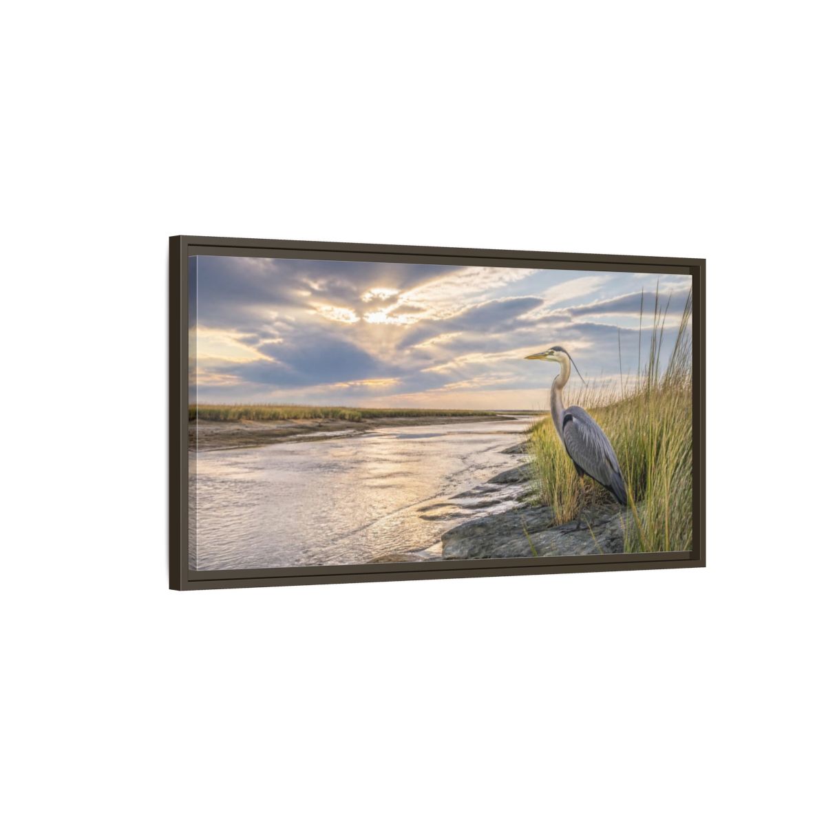 Main Mockup. Coastal Heron At Sunset shown as framed canvas print
