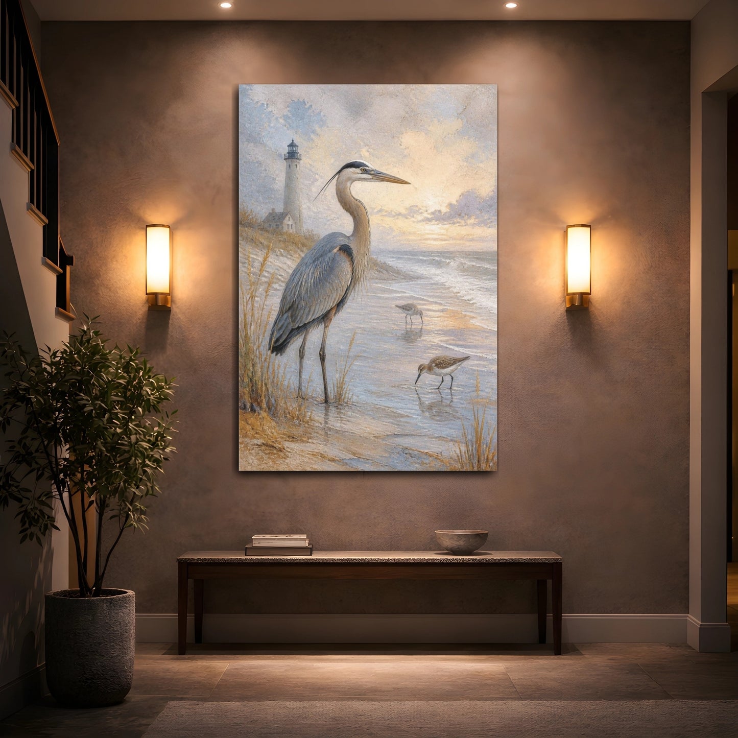 Mockup 2. Coastal Heron At Sunset shown as canvas print