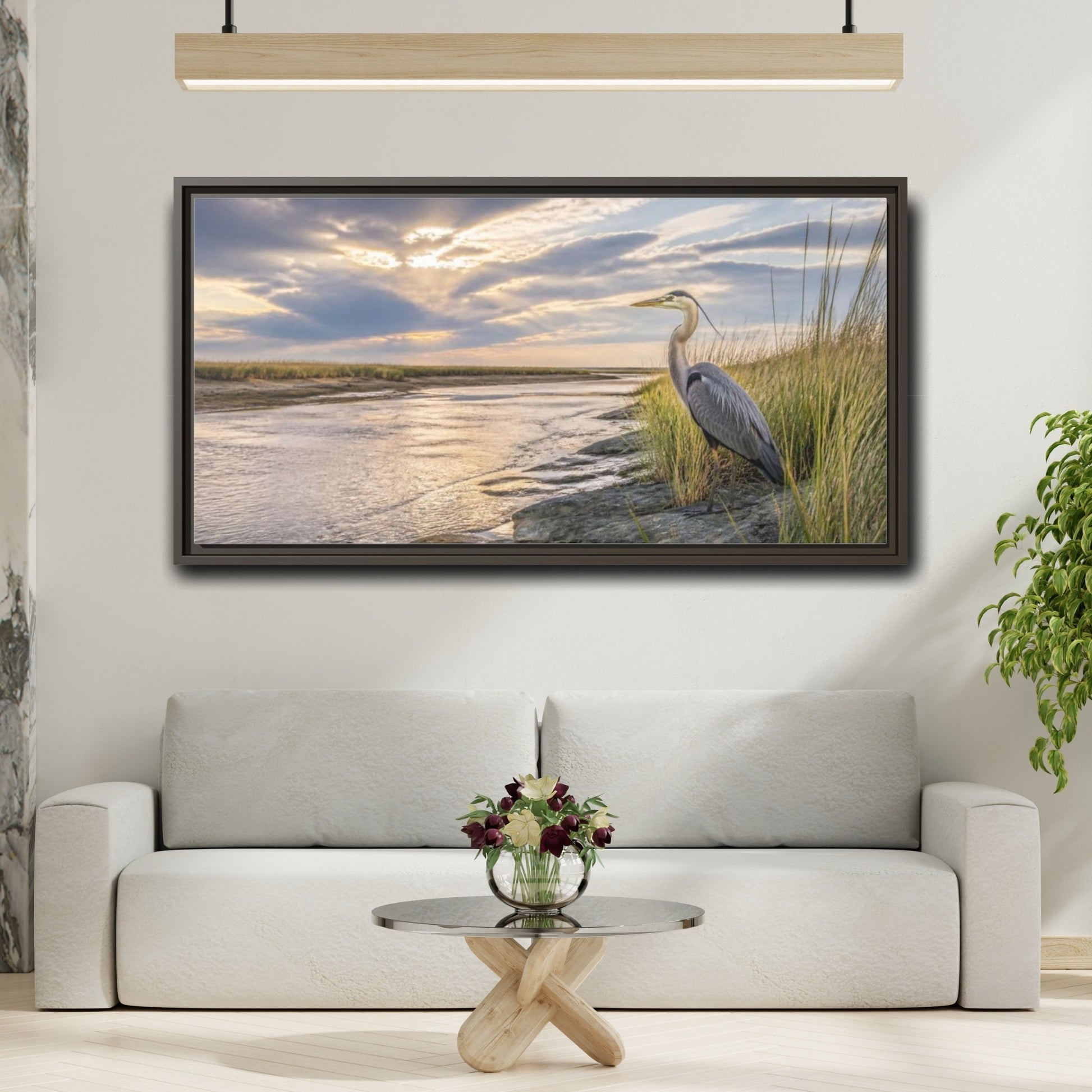 Mockup 2. Coastal Heron At Sunset shown as framed canvas print