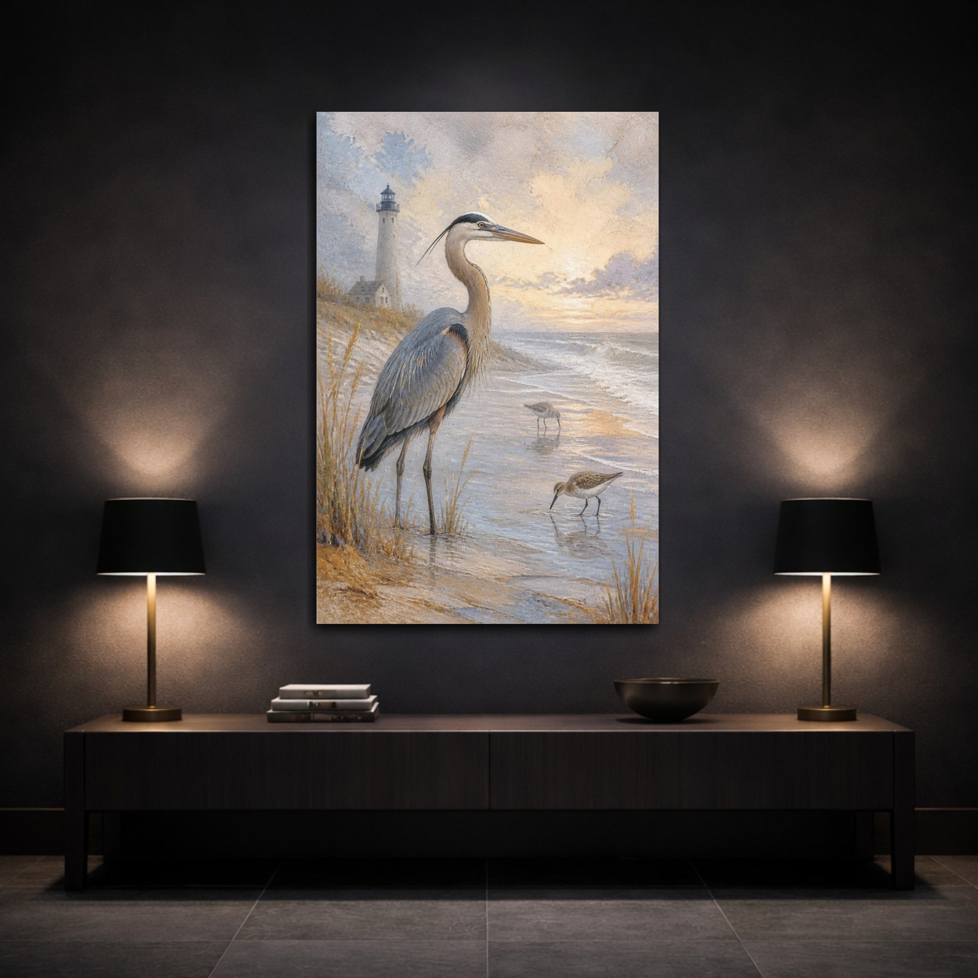 Mockup 3. Coastal Heron At Sunset shown as canvas print