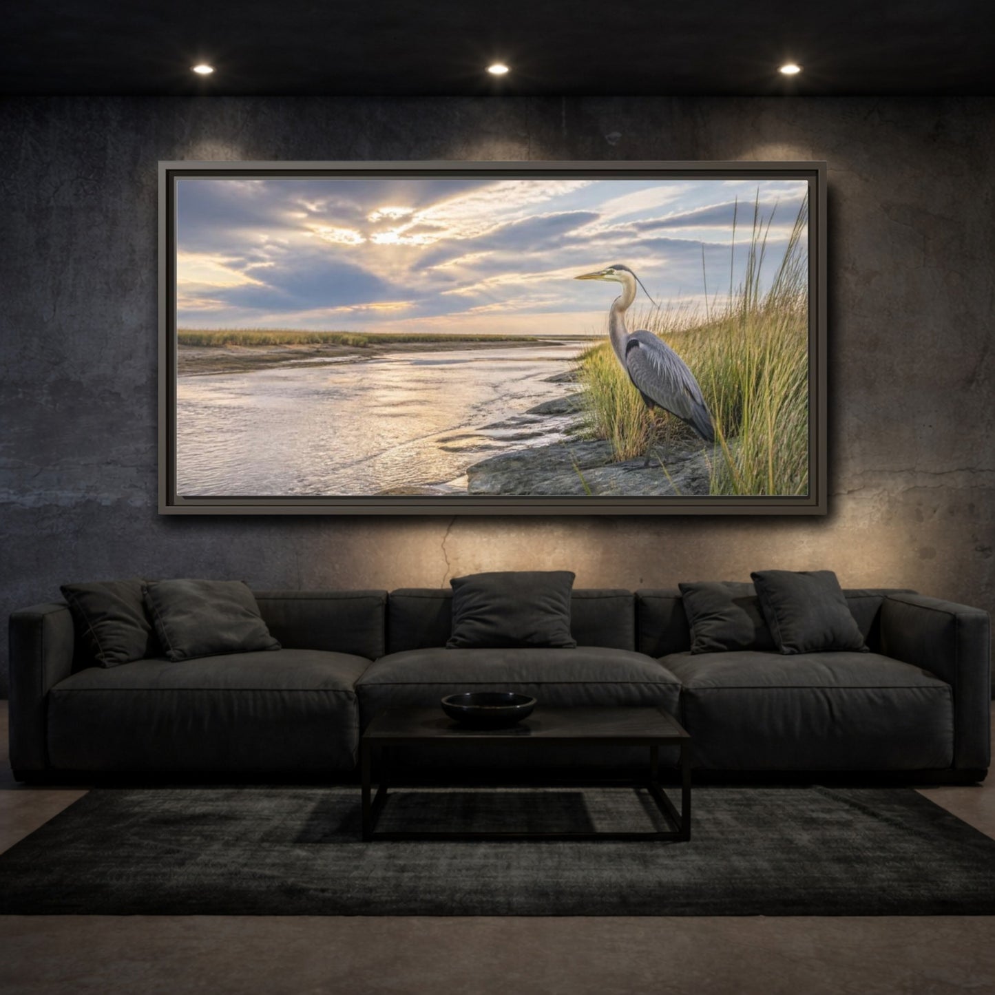 Mockup 3. Coastal Heron At Sunset shown as framed canvas print