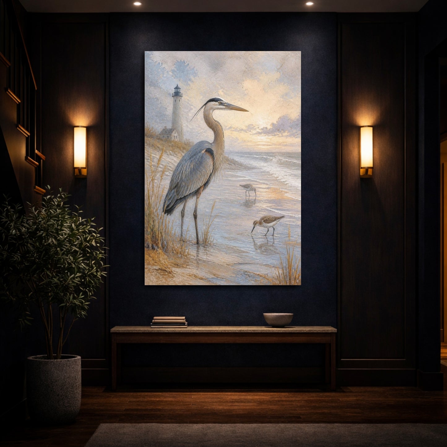 Mockup 4. Coastal Heron At Sunset shown as canvas print