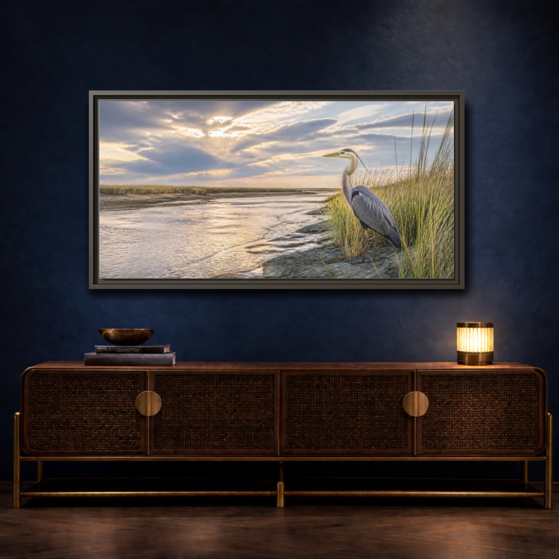 Mockup 4. Coastal Heron At Sunset shown as framed canvas print