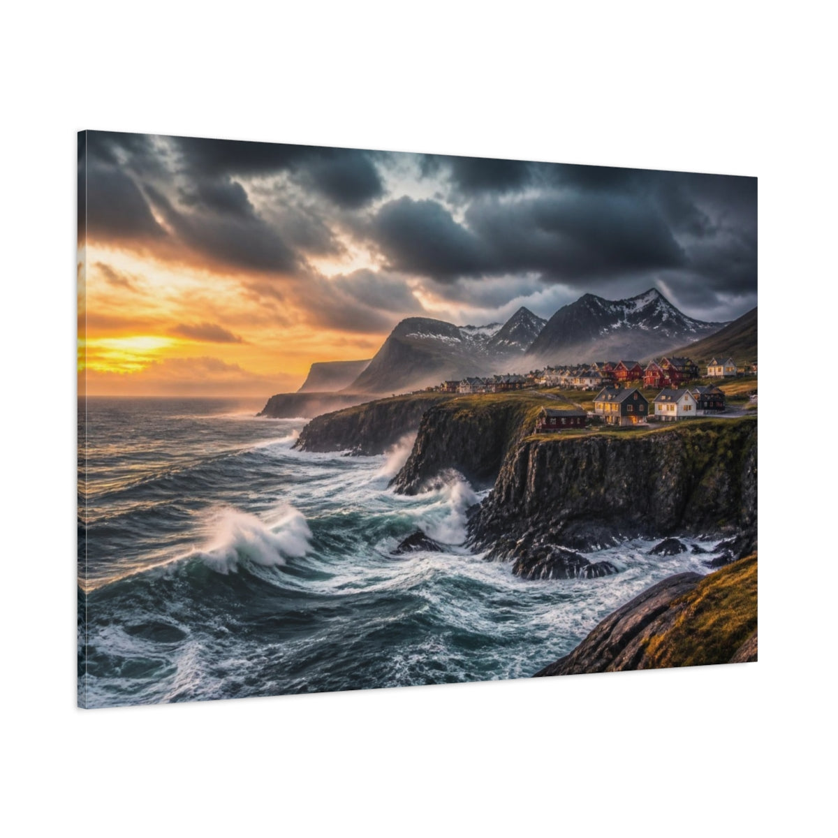 Side Mockup 1. Coastal Landscape At Dusk shown as canvas print