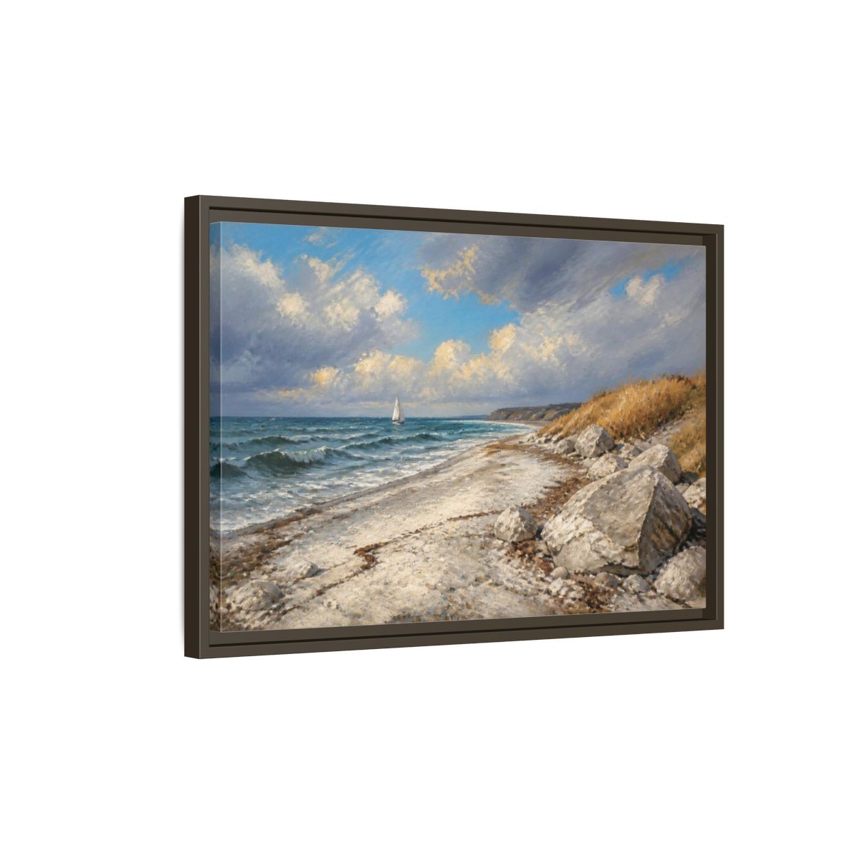 Side Mockup 2. Coastal Landscape With Sailboat shown as framed canvas print