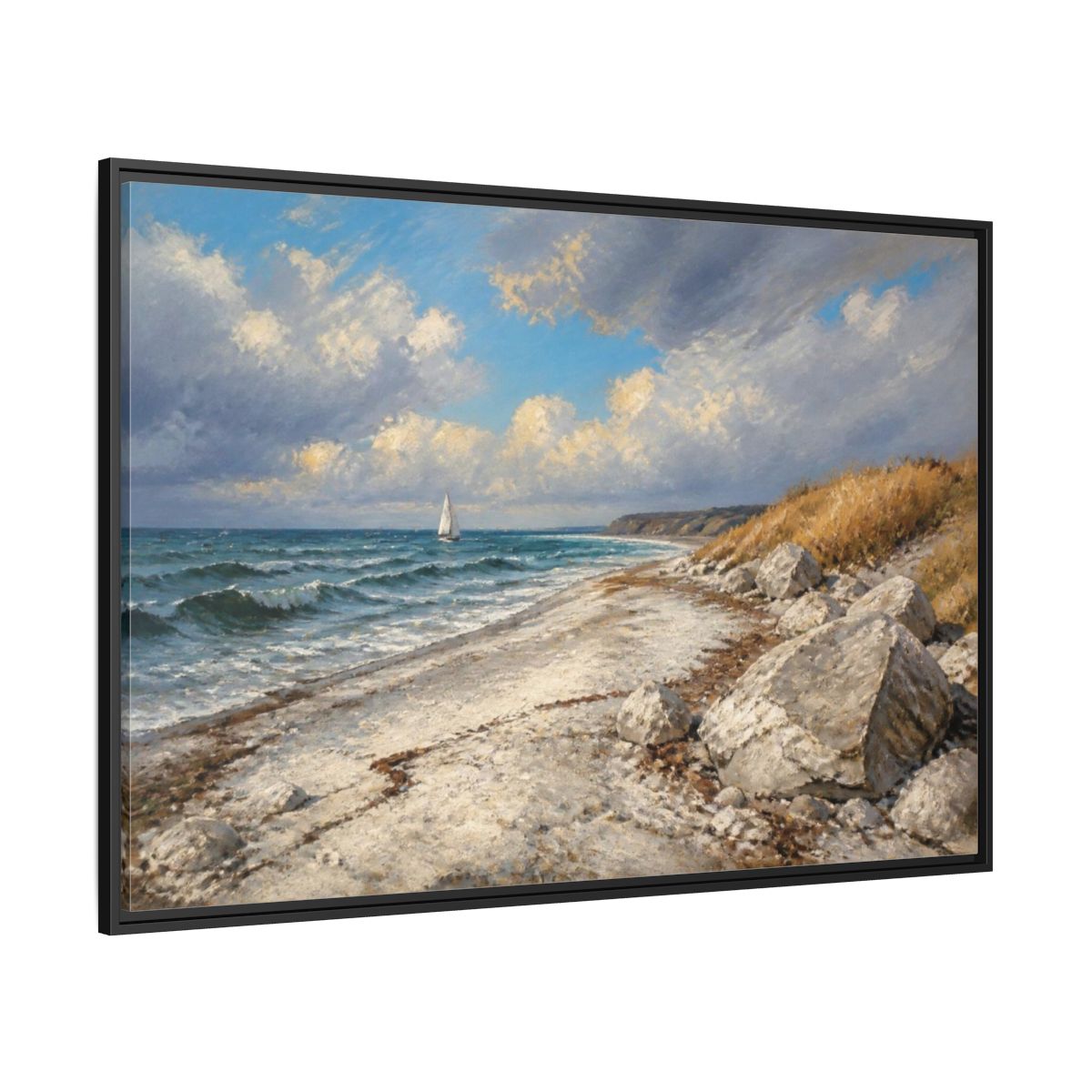 Side Mockup 12. Coastal Landscape With Sailboat shown as framed canvas print