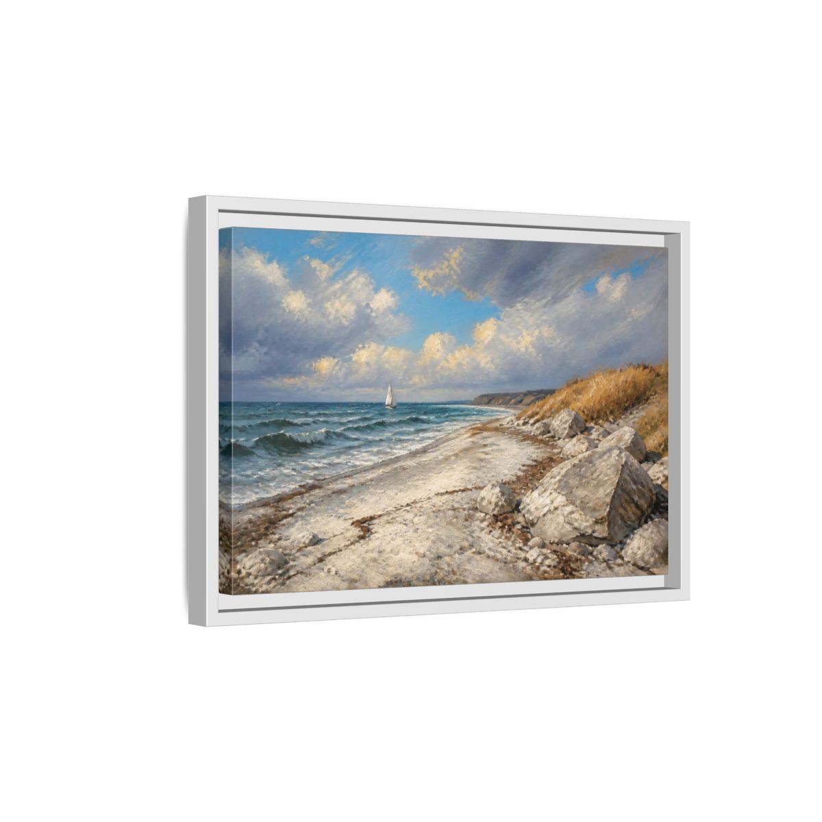 Side Mockup 4. Coastal Landscape With Sailboat shown as framed canvas print