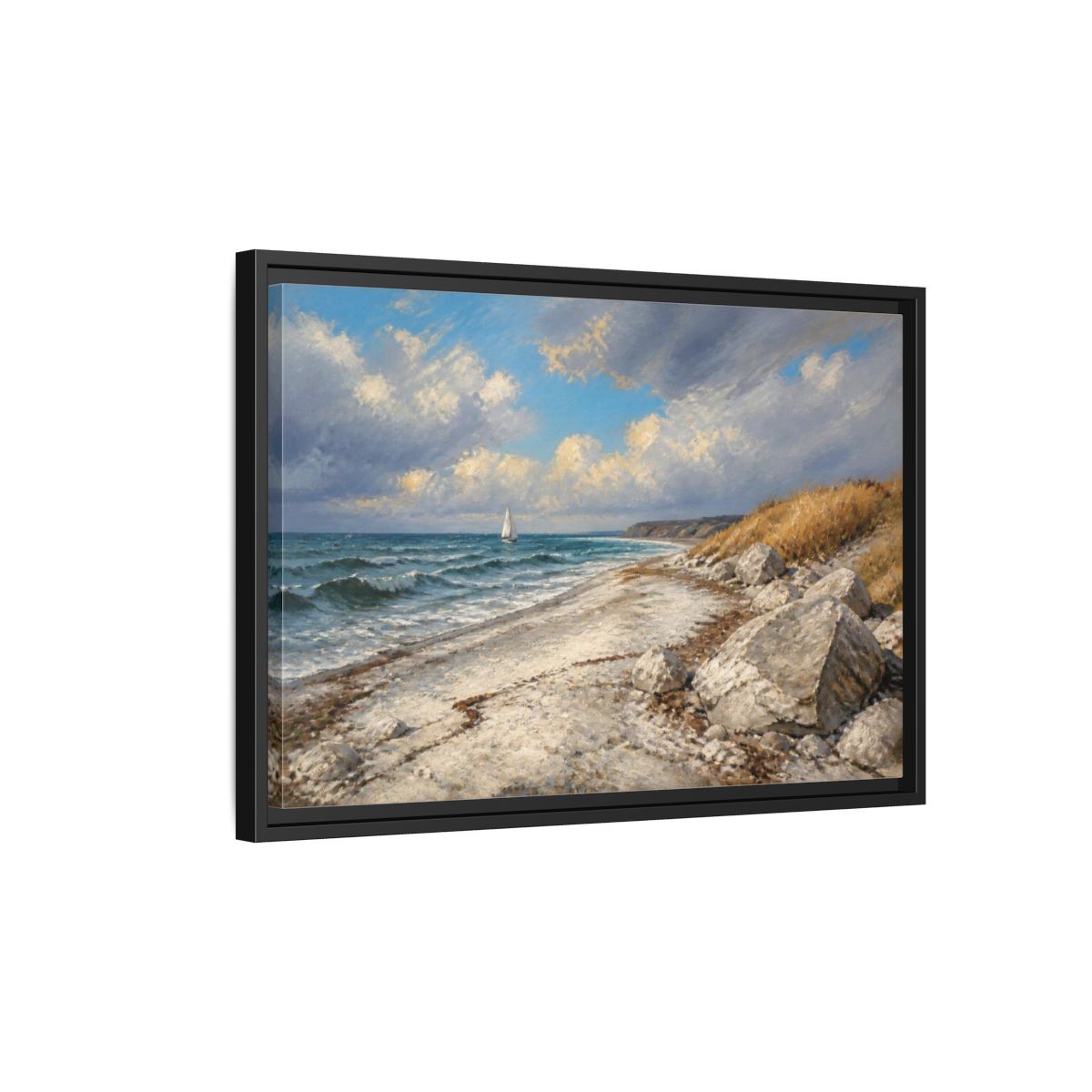Side Mockup 3. Coastal Landscape With Sailboat shown as framed canvas print