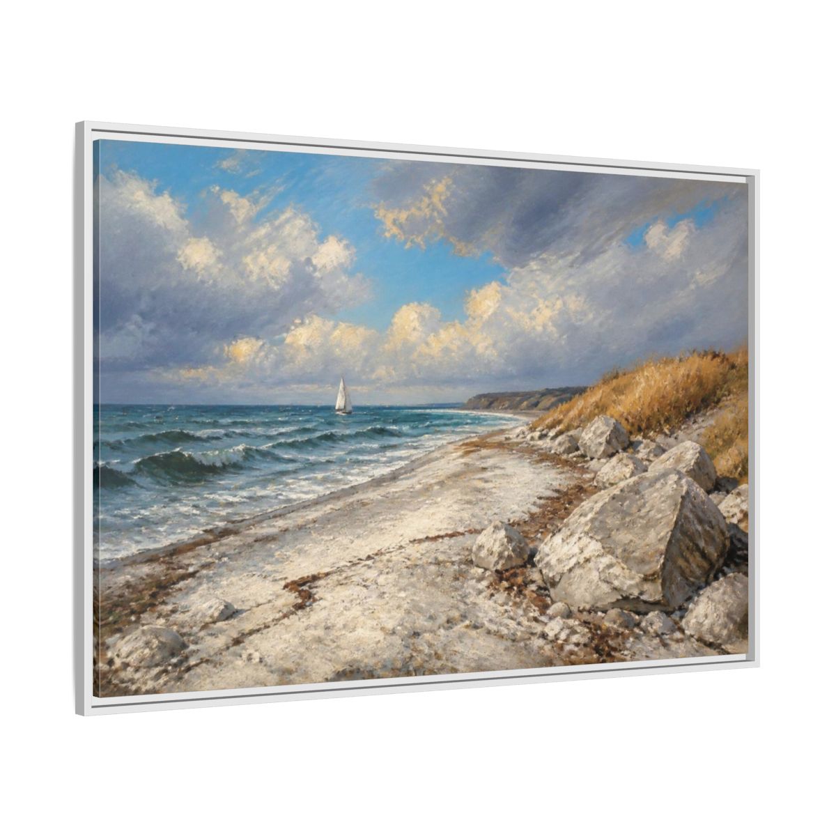 Side Mockup 7. Coastal Landscape With Sailboat shown as framed canvas print