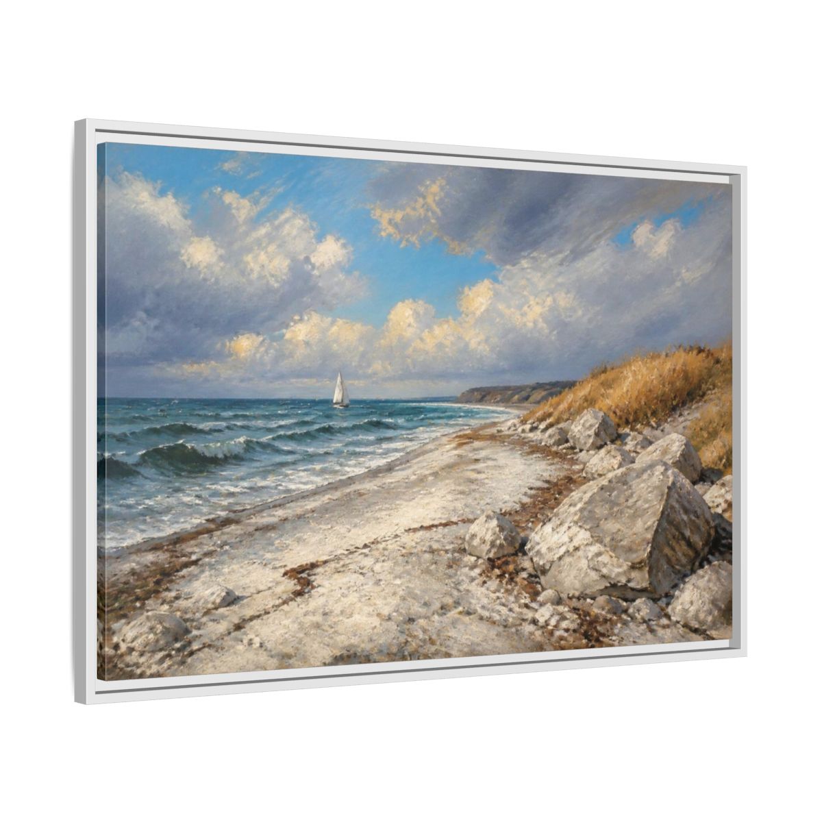 Side Mockup 9. Coastal Landscape With Sailboat shown as framed canvas print
