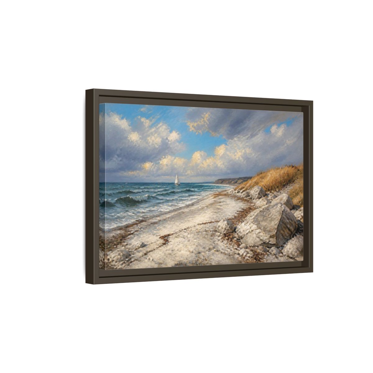 Side Mockup 5. Coastal Landscape With Sailboat shown as framed canvas print