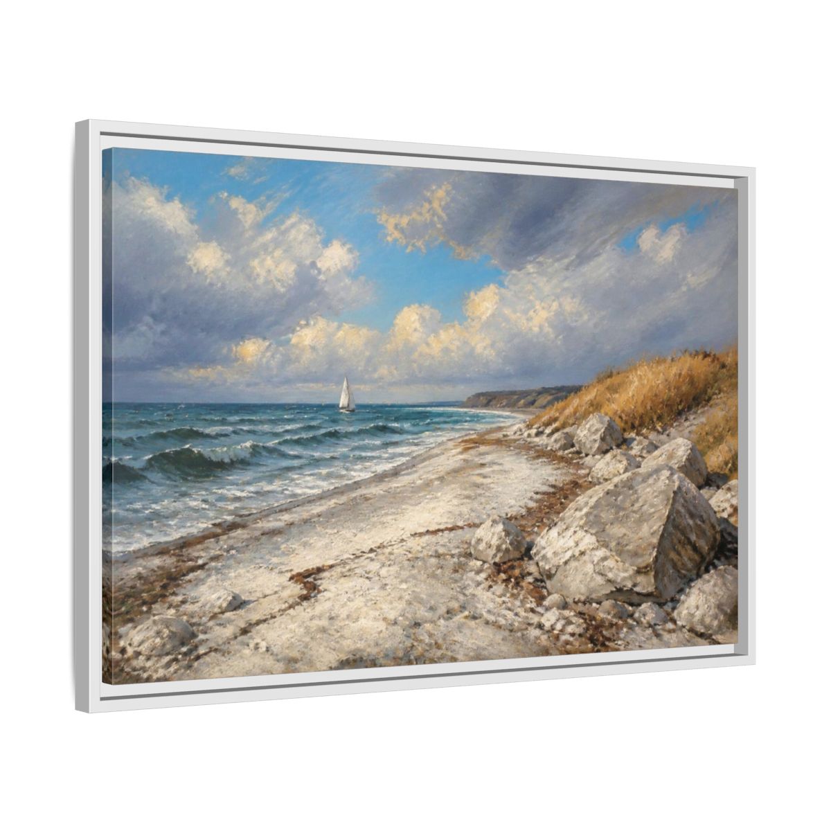Side Mockup 10. Coastal Landscape With Sailboat shown as framed canvas print