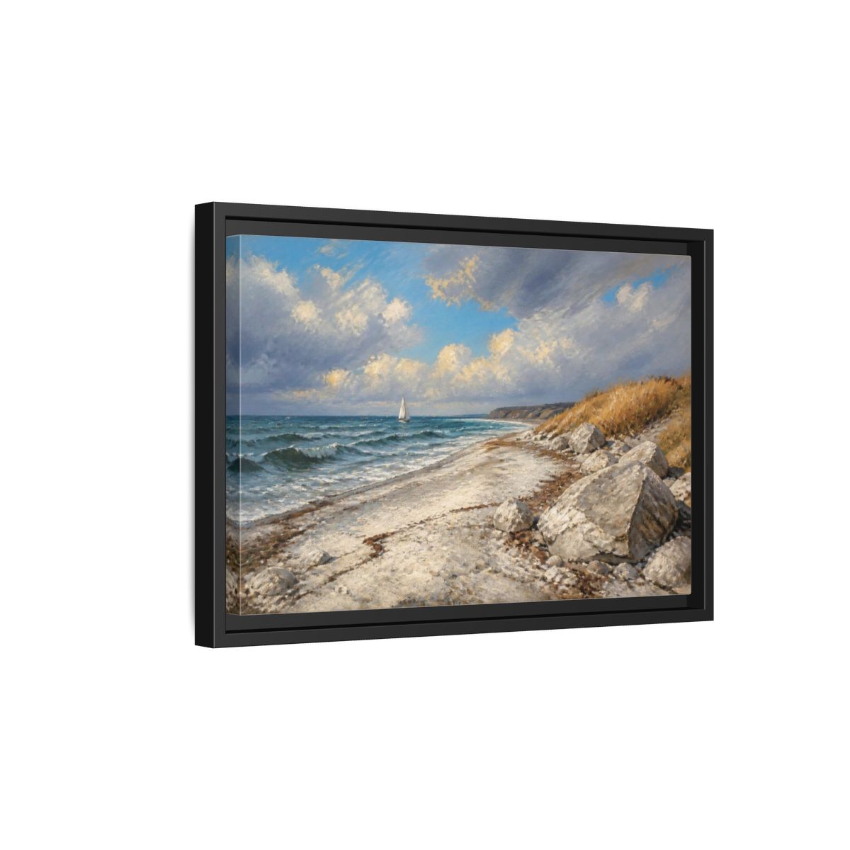 Side Mockup 6. Coastal Landscape With Sailboat shown as framed canvas print