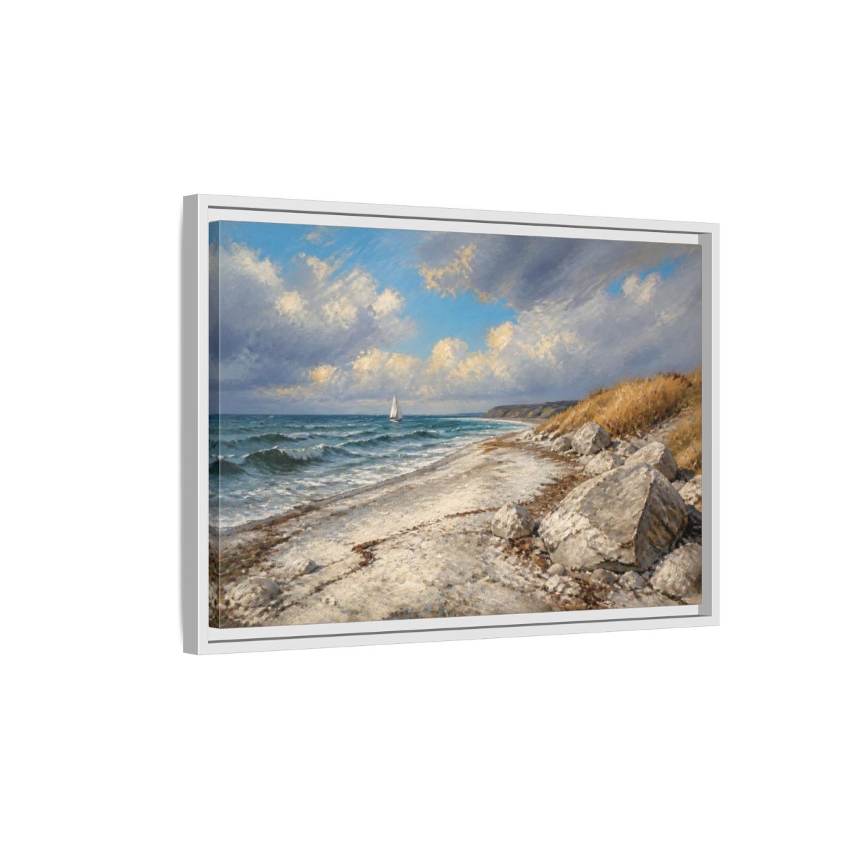Side Mockup 1. Coastal Landscape With Sailboat shown as framed canvas print