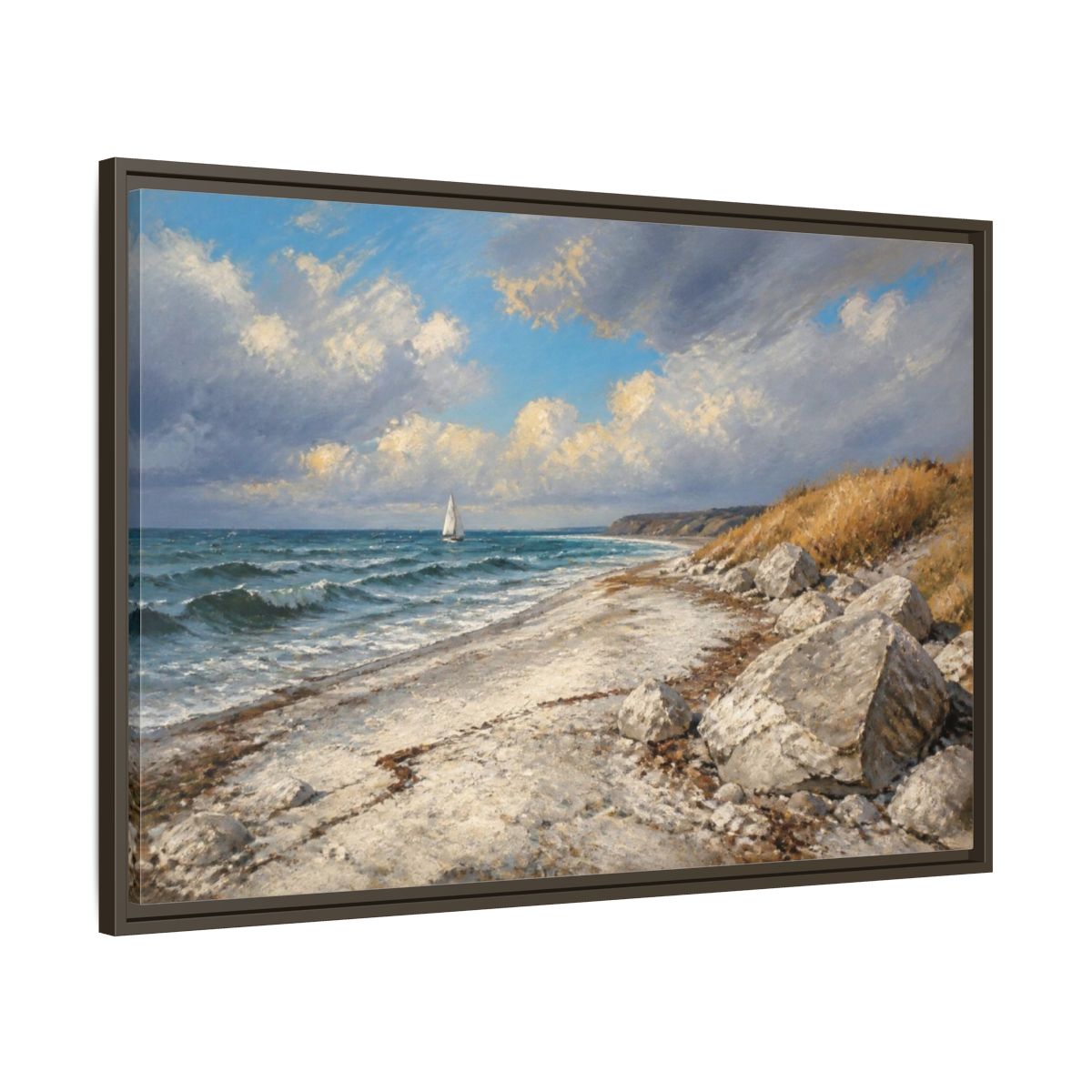 Main Mockup. Coastal Landscape With Sailboat shown as framed canvas print