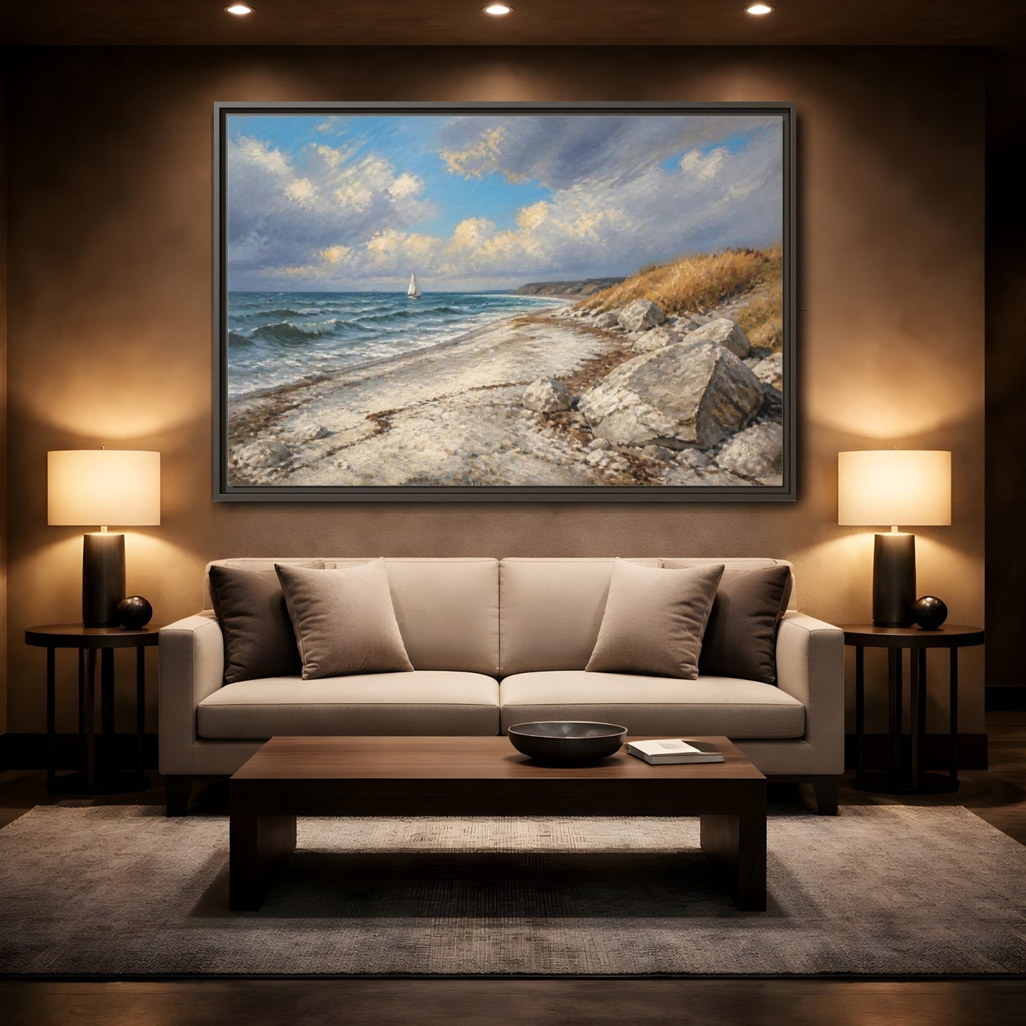 Mockup 2. Coastal Landscape With Sailboat shown as framed canvas print