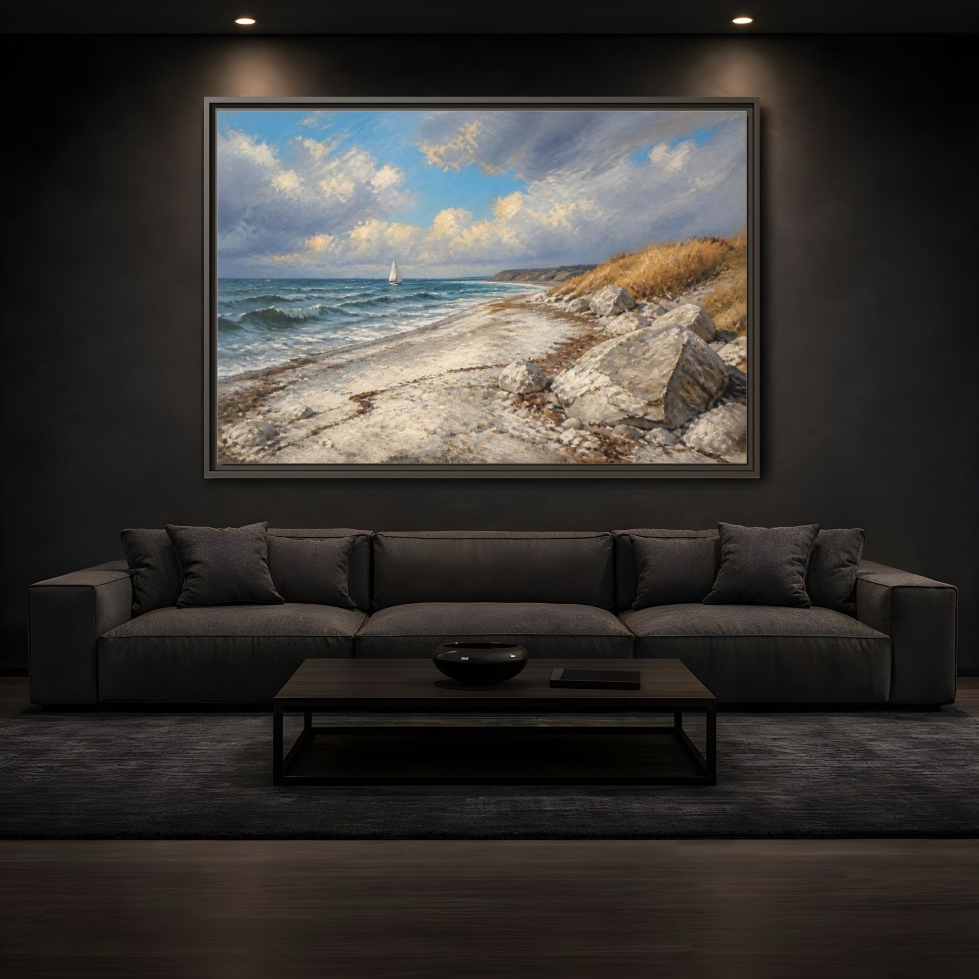 Mockup 3. Coastal Landscape With Sailboat shown as framed canvas print