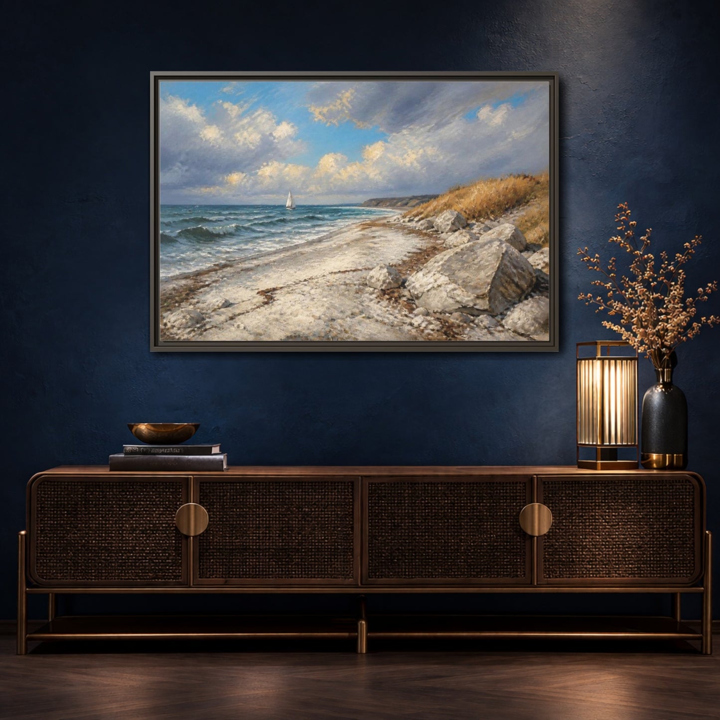 Mockup 4. Coastal Landscape With Sailboat shown as framed canvas print