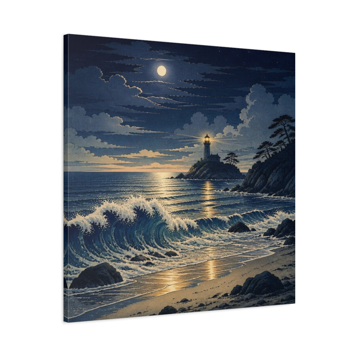 Main Mockup. Coastal Lighthouse At Night shown as canvas print