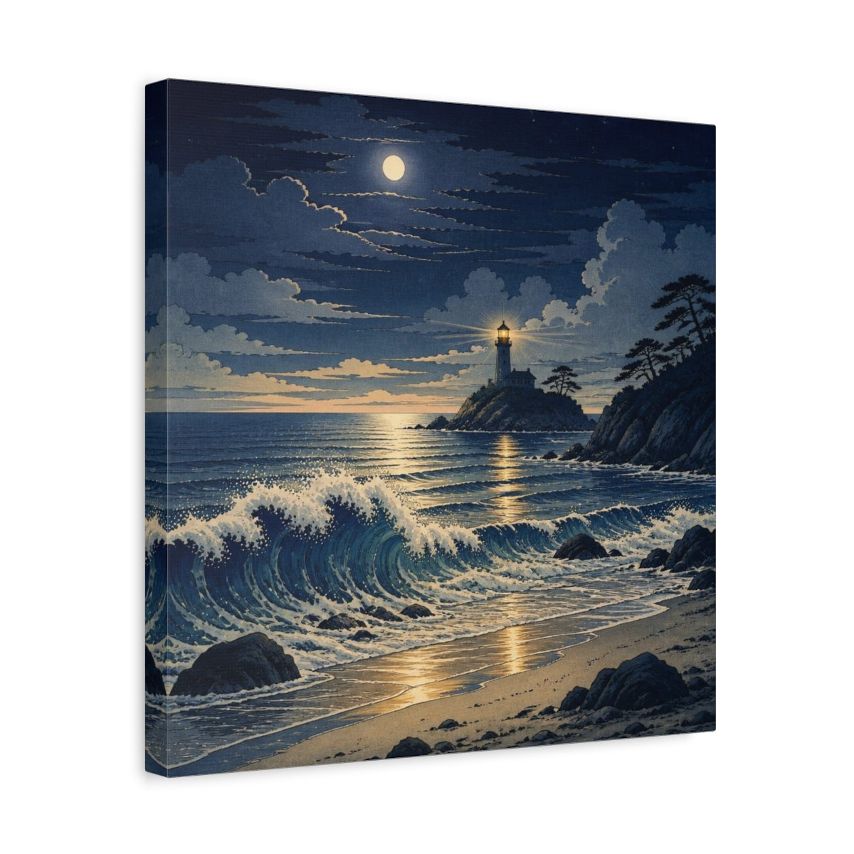 Side Mockup 6. Coastal Lighthouse At Night shown as canvas print