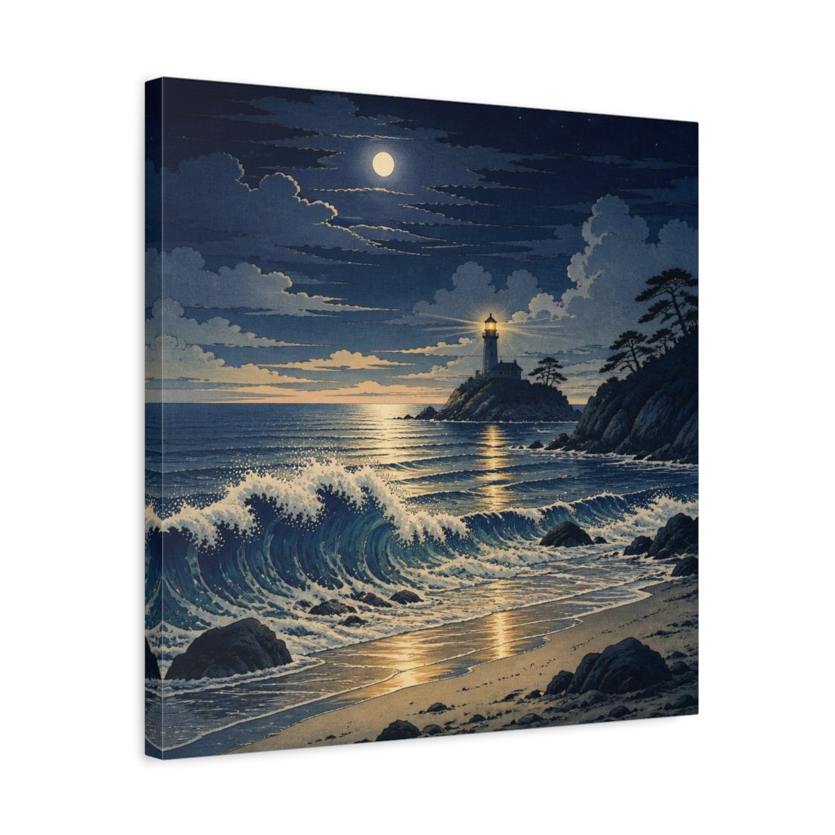 Side Mockup 5. Coastal Lighthouse At Night shown as canvas print