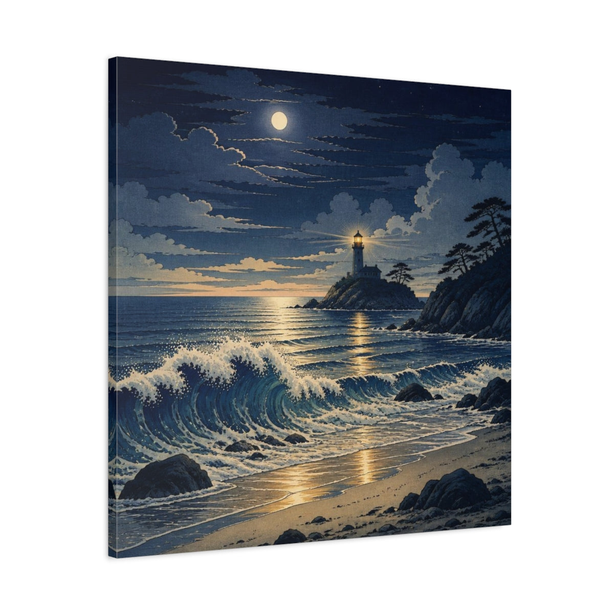 Side Mockup 3. Coastal Lighthouse At Night shown as canvas print
