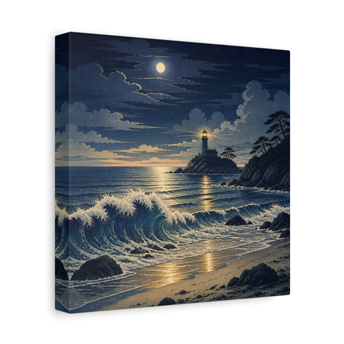 Side Mockup 9. Coastal Lighthouse At Night shown as canvas print