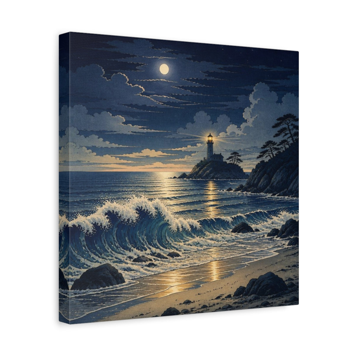 Side Mockup 7. Coastal Lighthouse At Night shown as canvas print