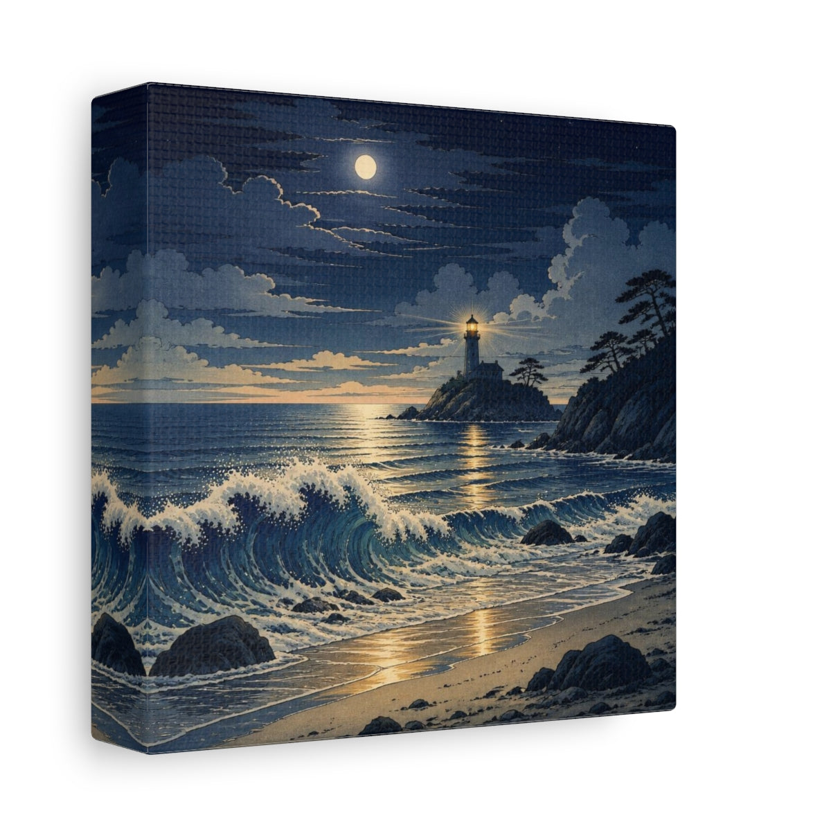 Side Mockup 2. Coastal Lighthouse At Night shown as canvas print